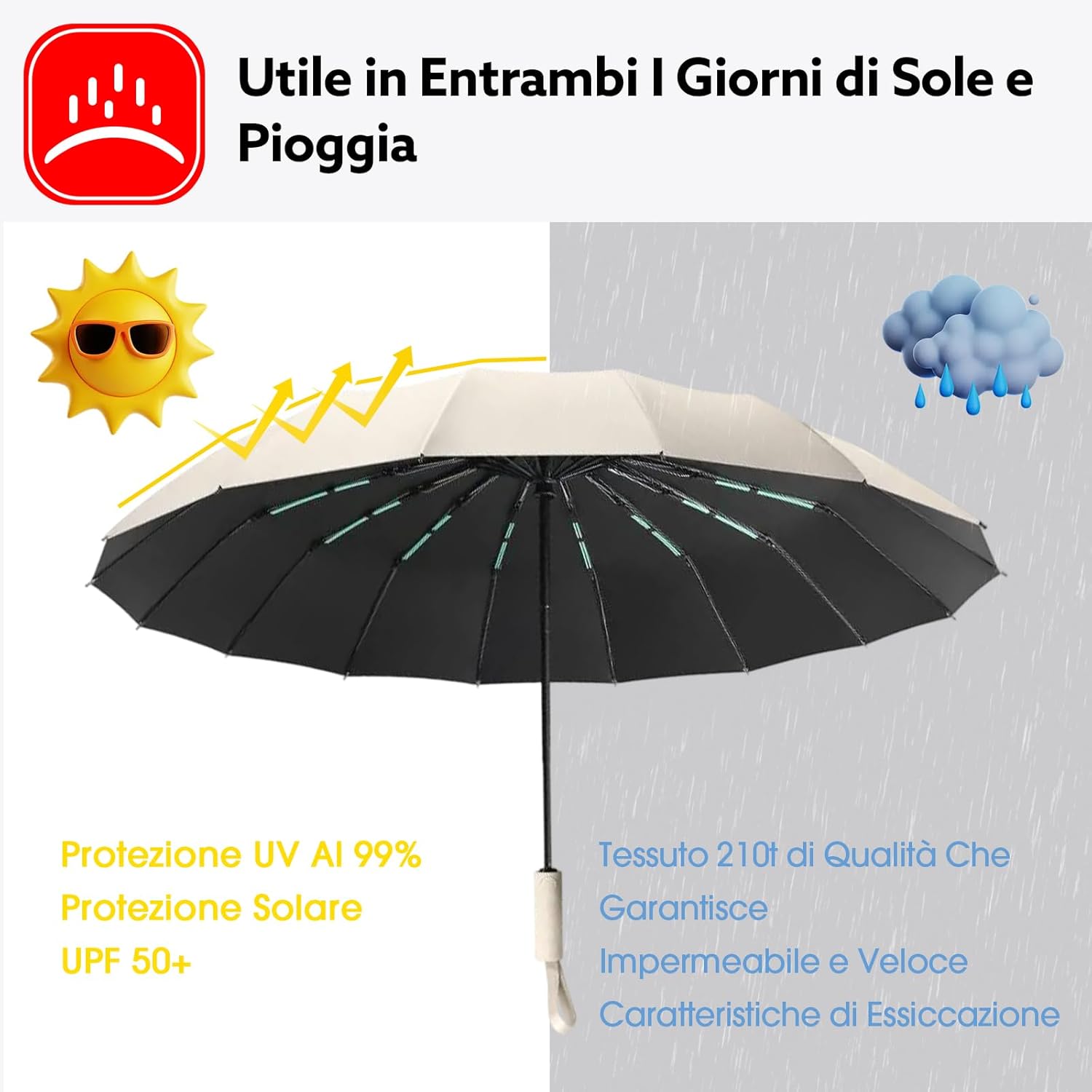Detalle 2 de LENDOO Ombrello pieghevole antivento con apertura automatica – 16 coste, UPF>50, peso 580 g