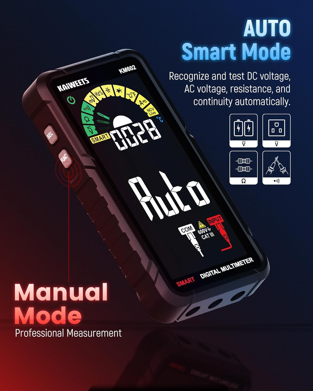 Detalle 2 de KAIWEETS KM602 Smart Digital Multimeter (4.7-inch) rechargeable tester with 6000 counts and T-RMS