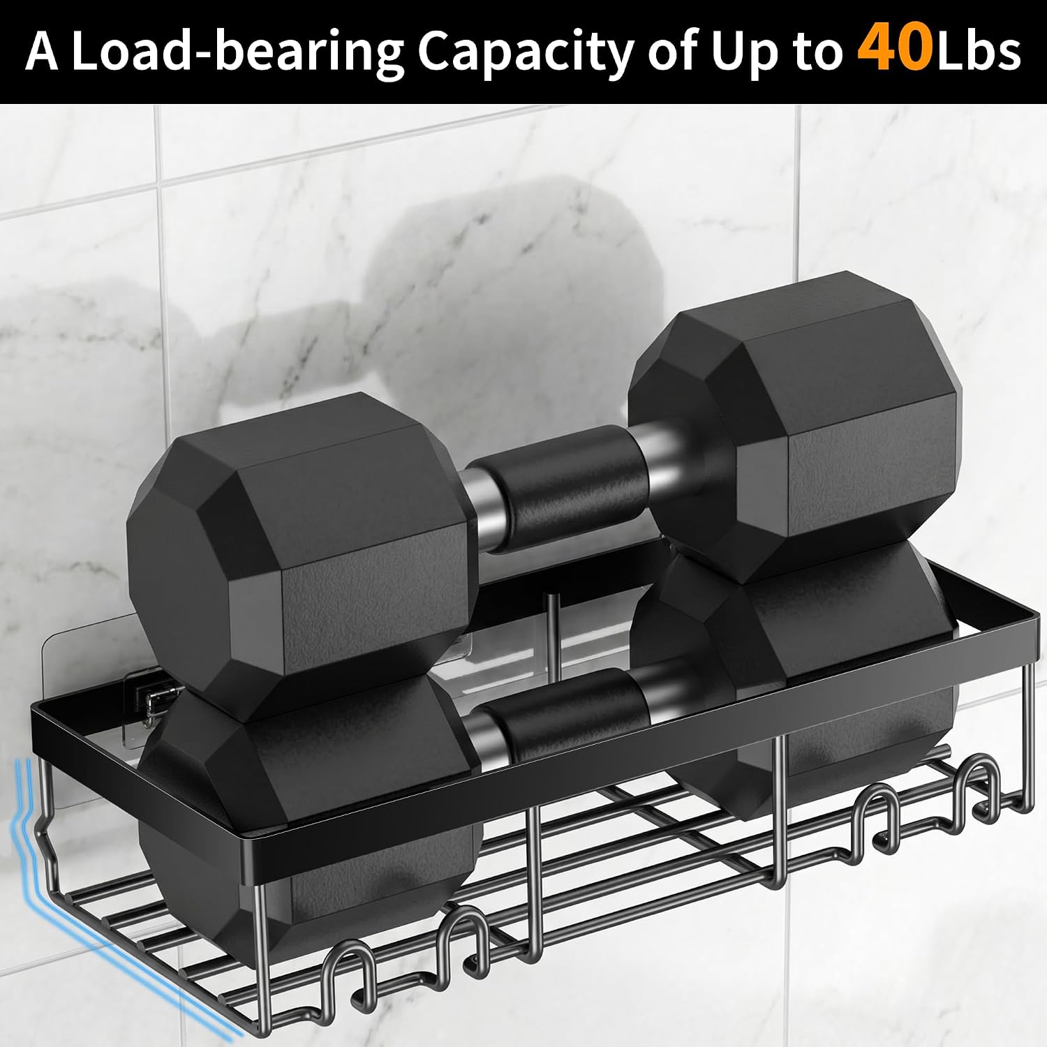 Detalle de Moforoco Shower Caddy Shelf Organizer, 2-Piece Black Adhesive Set with Hooks