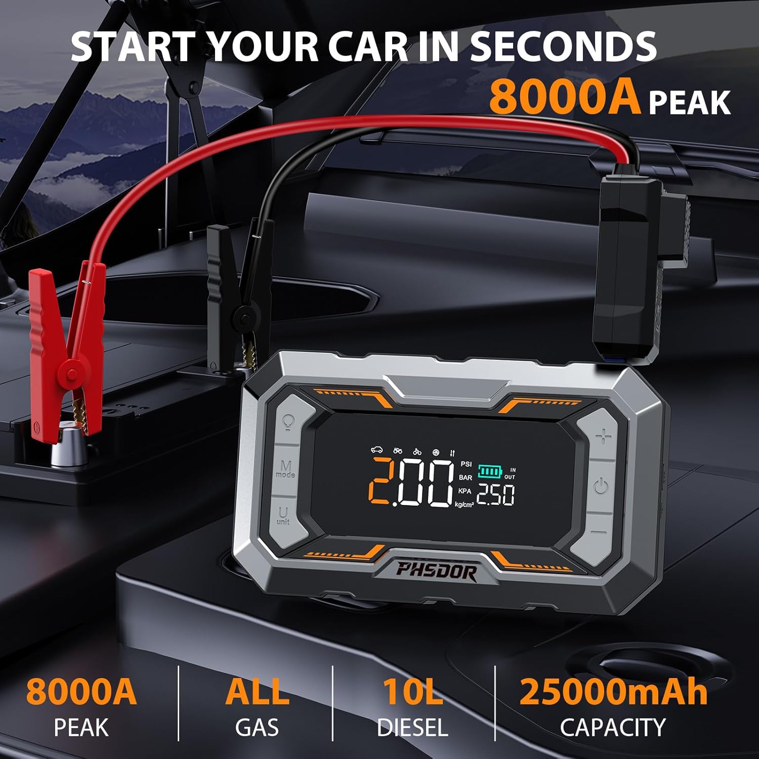 Thumbnail 1 de 8000A Jump Starter Power Pack with Air Compressor (25000mAh, 150 PSI) by 8000A – Silver & Orange