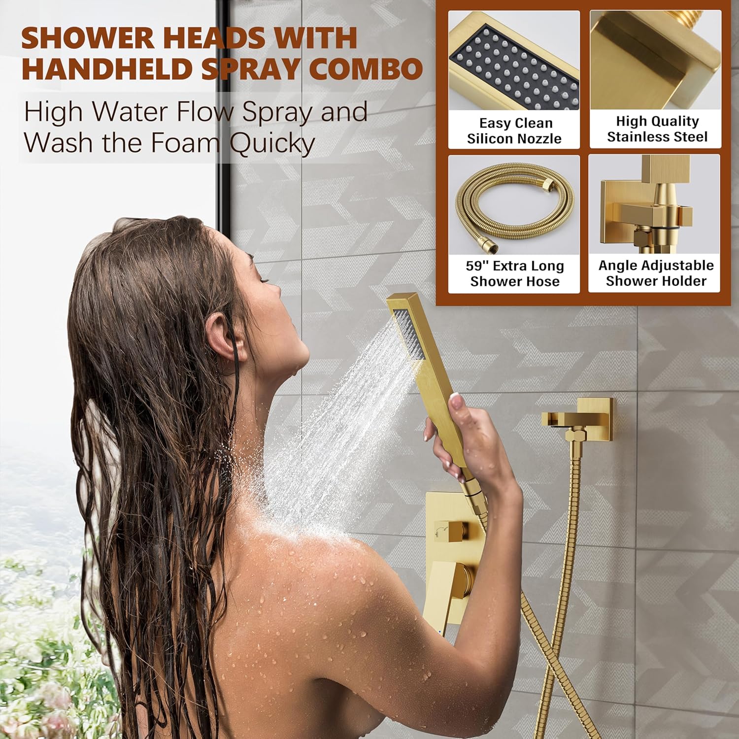 Detalle de Kurpot K103906BG Shower System, 10-Inch Brushed Gold Rain Head and Handheld