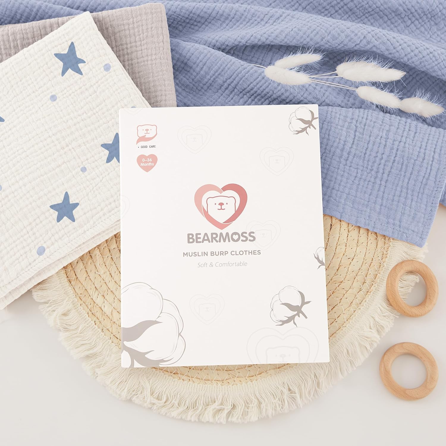 Thumbnail 6 de Bearmoss Moltontücher Baby 100% Baumwolle Musselin Set 4er 60x60 cm – Blaue Blüten