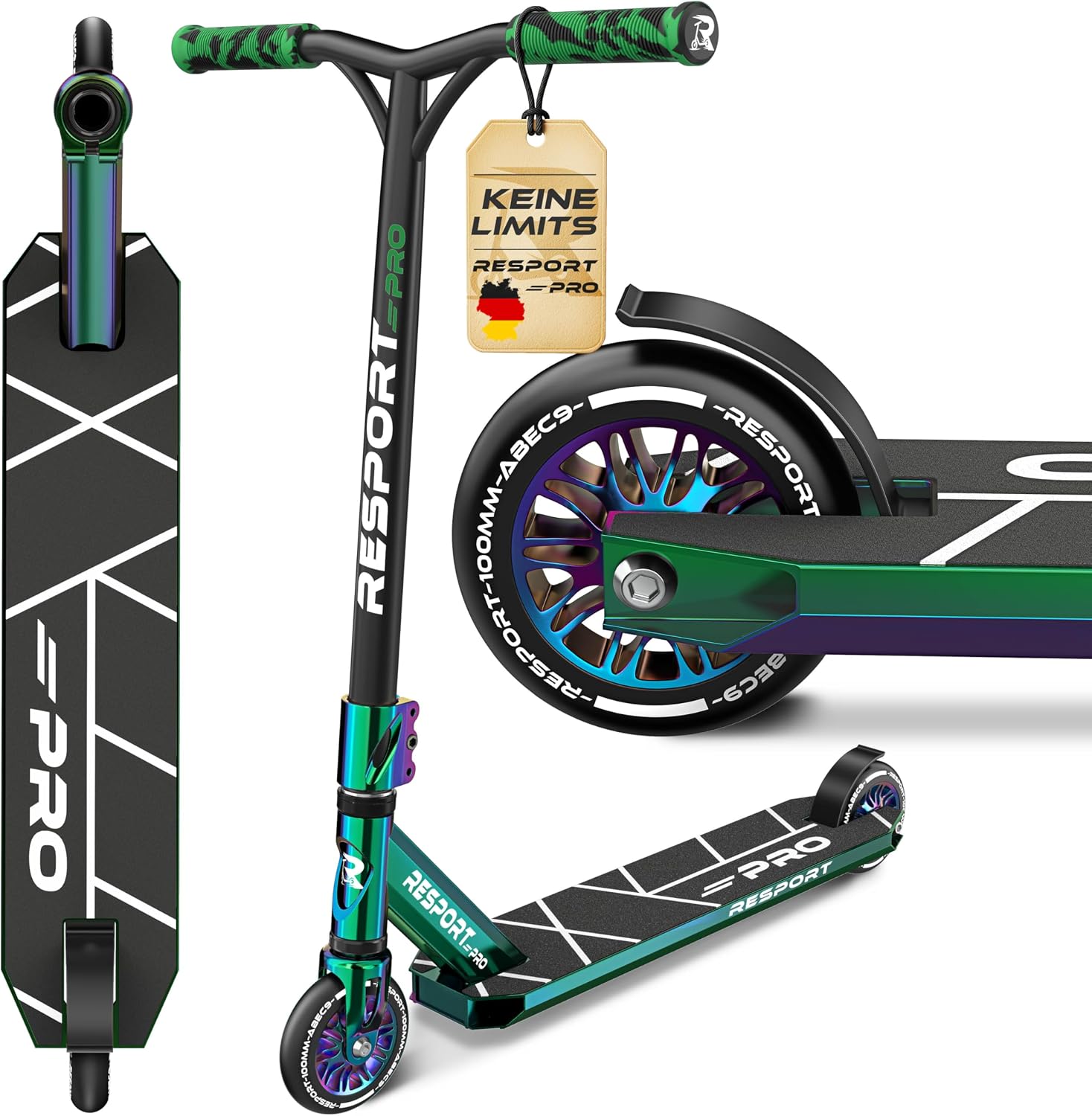 RE:SPORT REVO PRO Stunt-Scooter mit Ständer, 110-mm PU Wheels & Y-Bar (ABEC 9, HIC-Kompression)