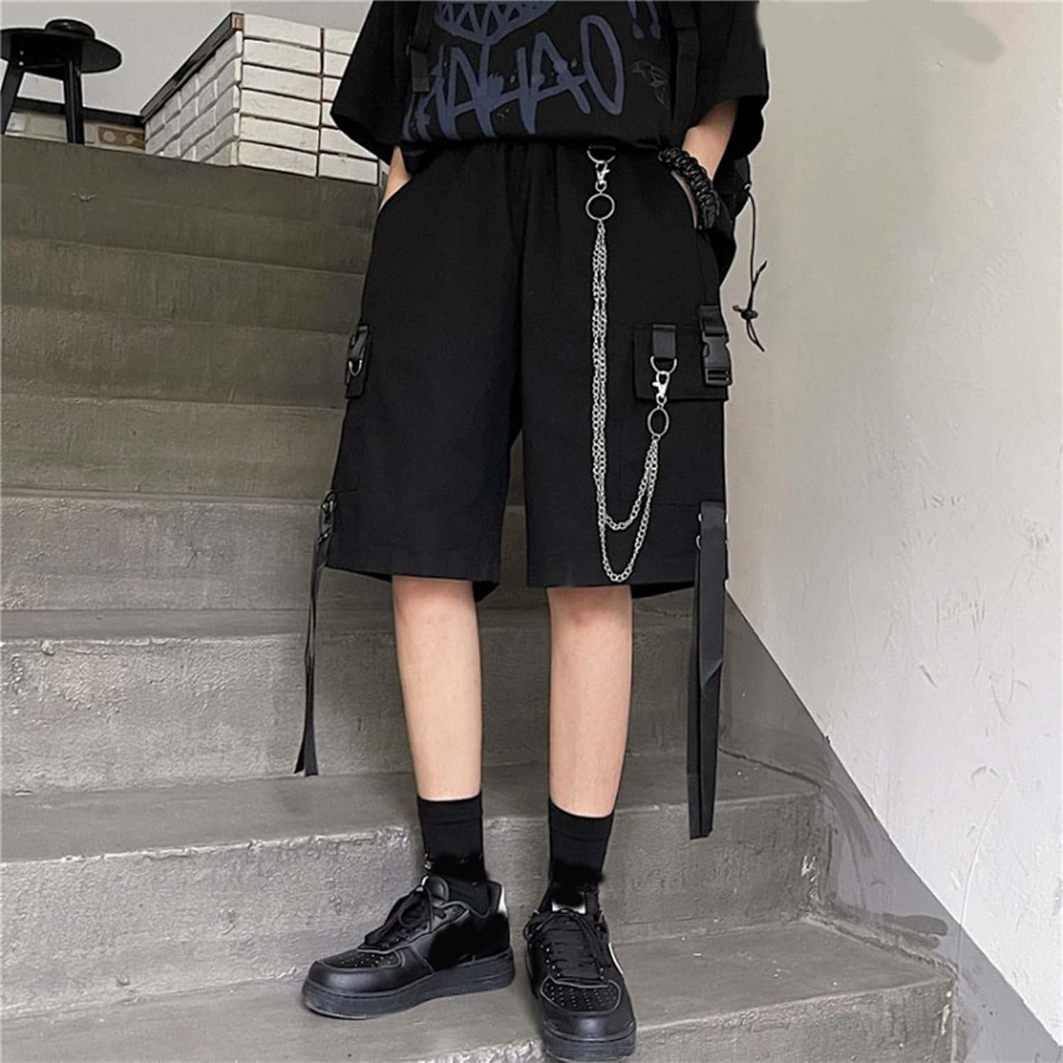 Detalle de MEINVQIAOTI Schwarze Cargohose Damen – Street Harajuku mit Ketten, locker & gerade