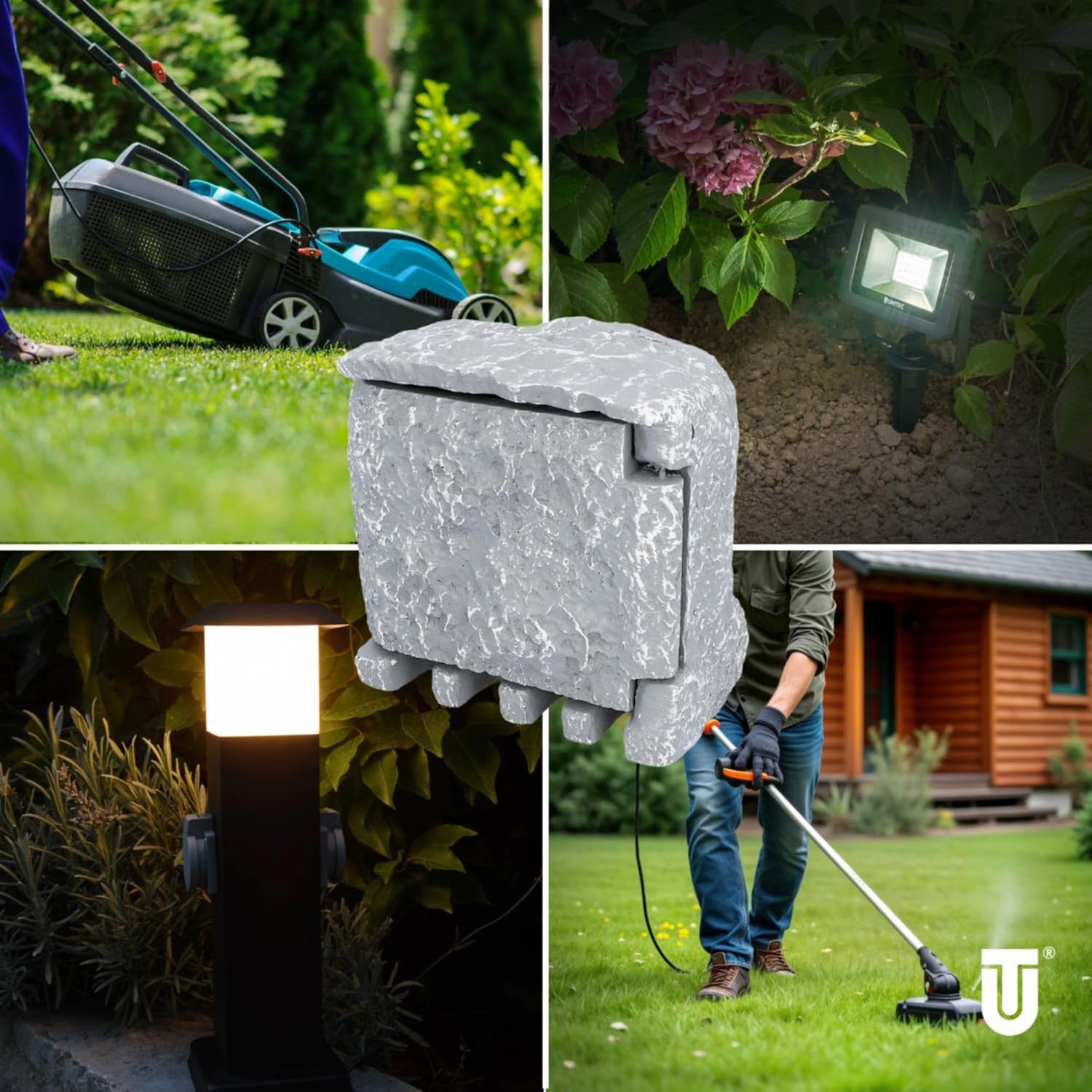 Detalle de UNITEC Steckdosenverteiler für den Garten in Steinoptik – Außensteckdose IP44, 2 Steckdosen, Zeitschaltuhr