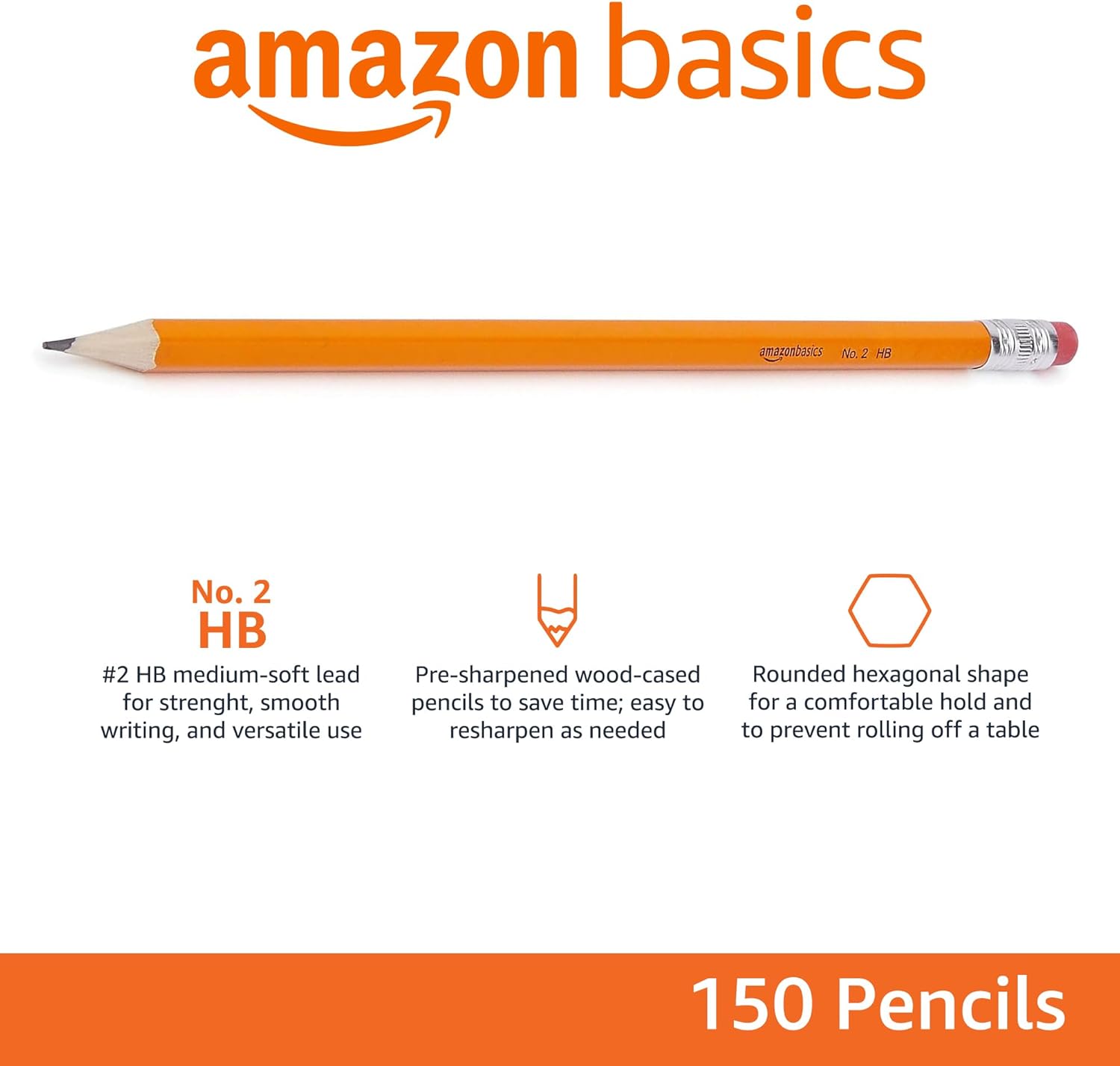 Detalle de Amazon Basics Wood Cased Graphite #2 HB Pencils (Presharpened, No Smudge Eraser) – Pack of 150