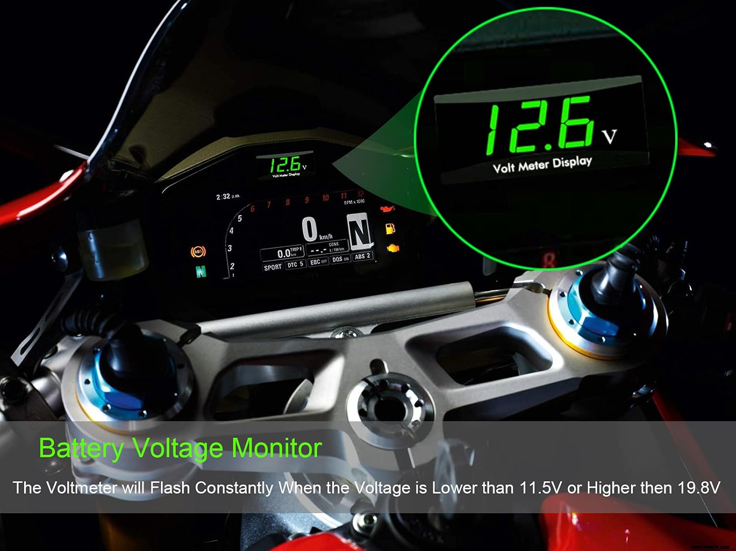 Detalle de Kinstecks 12V Motorcycle Voltmeter with LED Display – DC Battery Voltage Monitor