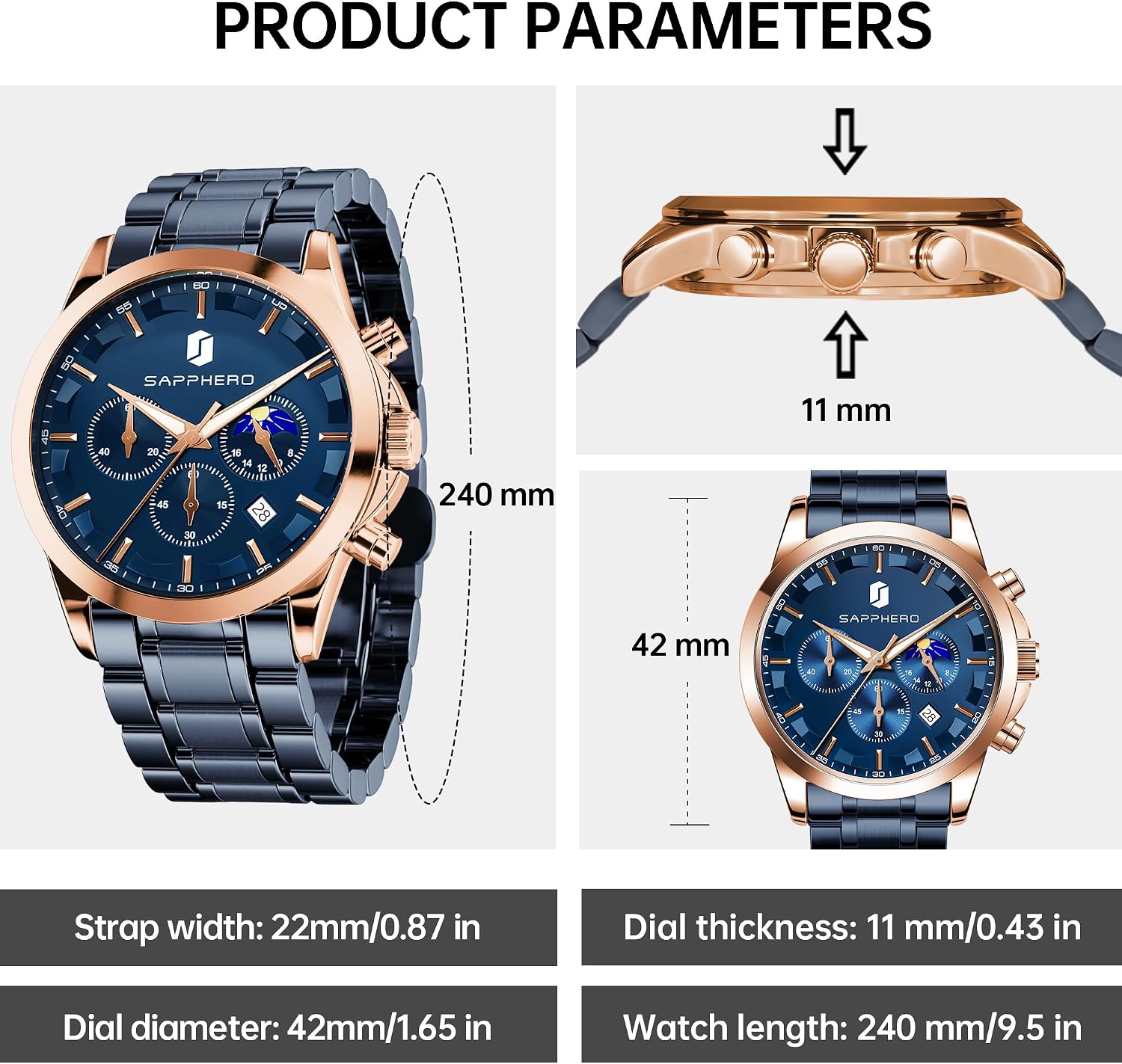 Detalle de BENYAR Herren Chronograph Quarz Analog-Uhr mit Datumsanzeige – wasserfest (3 ATM)