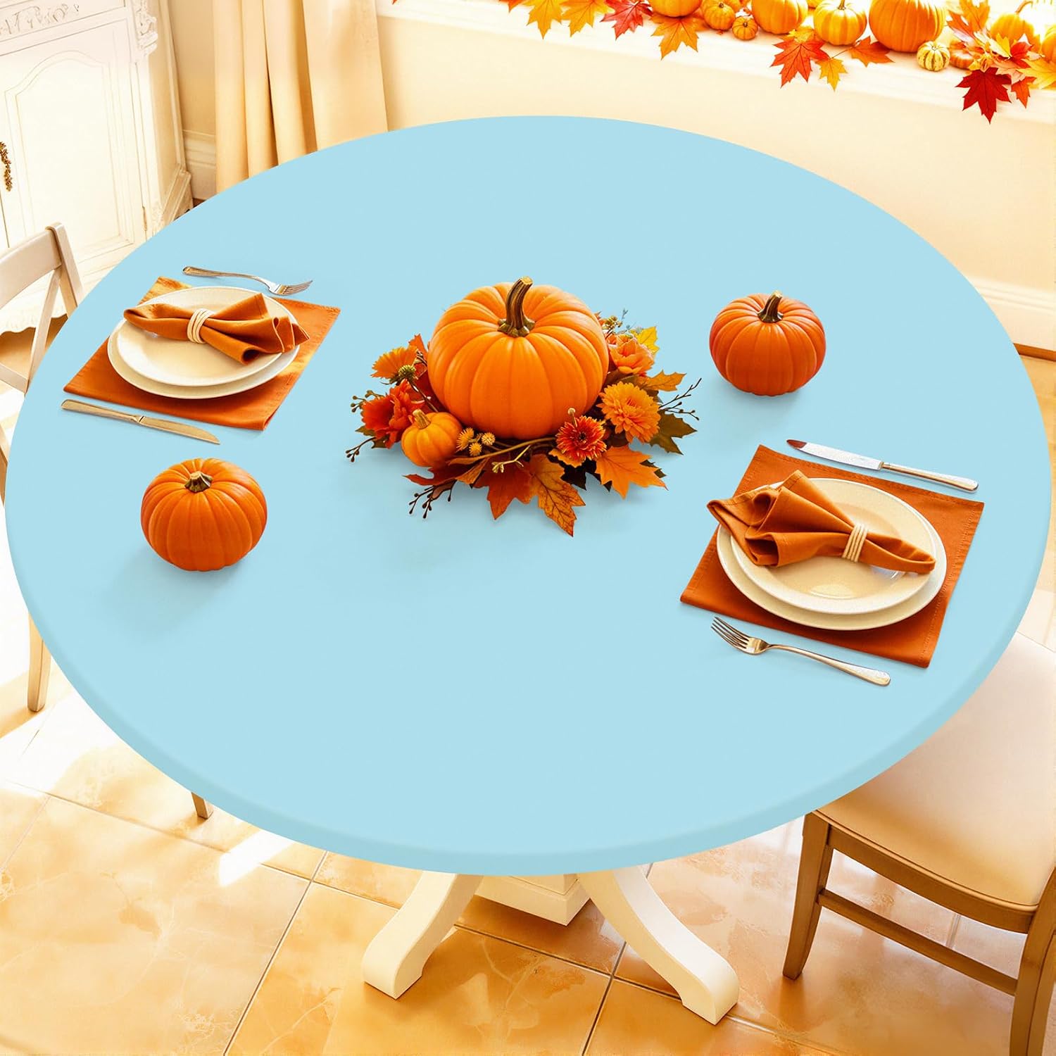 Detalle de Moosfor Round Spandex Tablecloth: Elastic, Waterproof Fit for 42"–50" Tables (Baby Blue)