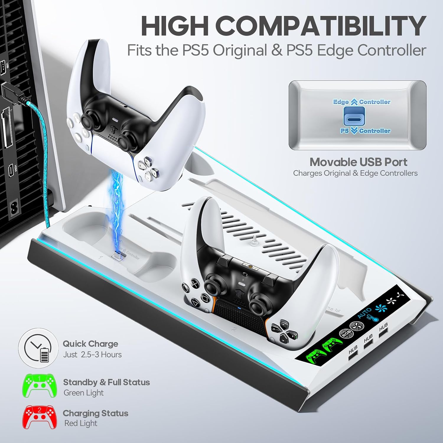 Detalle de PS5/ Pro/Slim Stand for Disc & Digital Console: Cooling, Charging and Docking Station