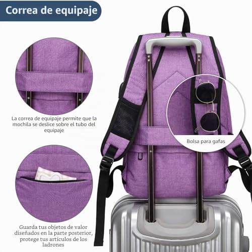 Detalle de WENIG Mochila Portátil para Mujer 15.6" — Impermeable, Antirrobo y USB, color Púrpura
