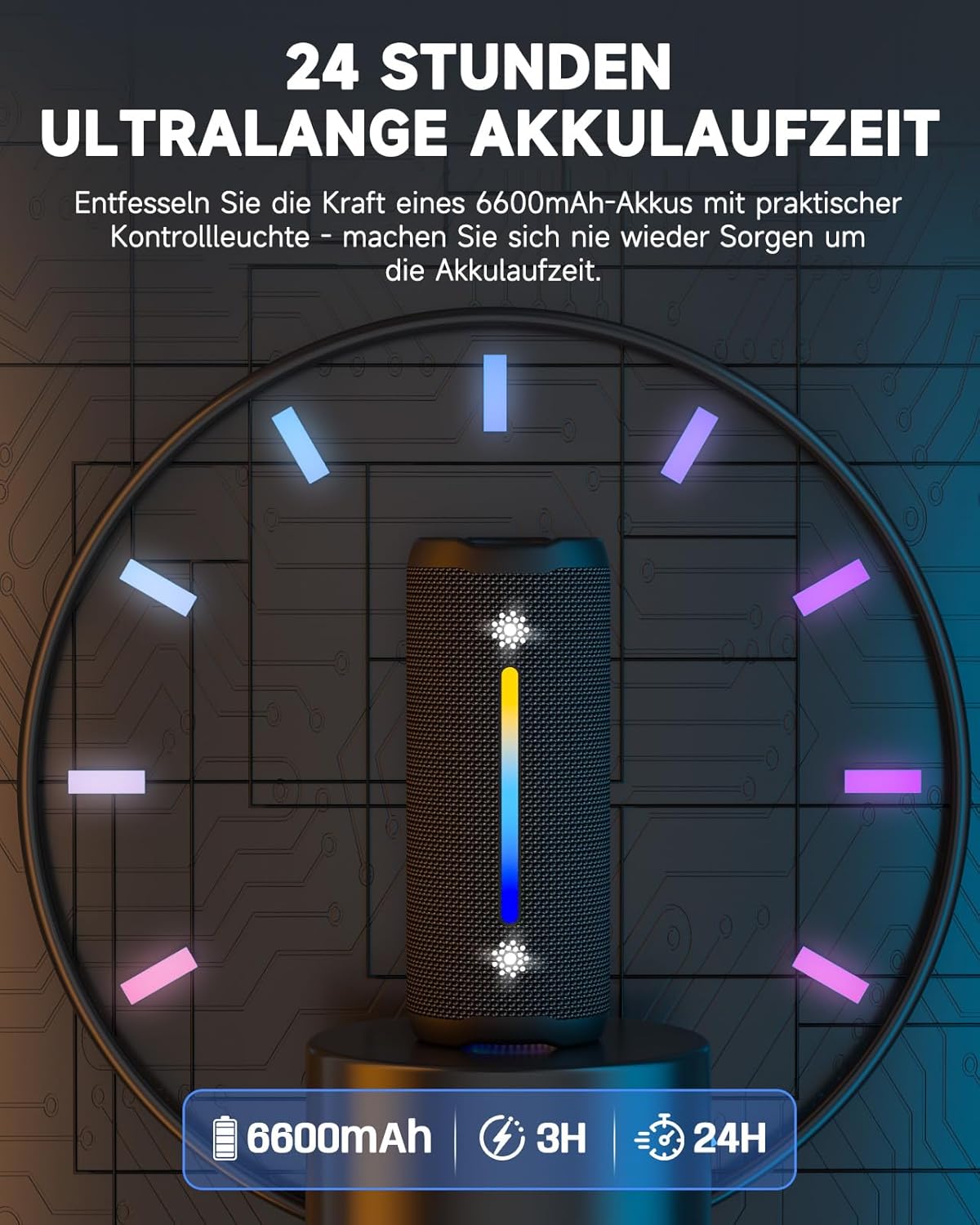 Detalle 2 de OHAYO HiFi Bluetooth Lautsprecher mit LED Licht – 35W, IPX7, 24 Stunden Laufzeit