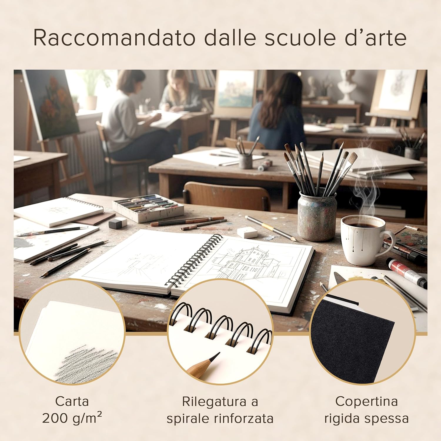 Detalle de Blocco per schizzi A3 con copertina rigida e carta molto spessa da 200 g/m², rilegatura a spirale – 29x42 cm, 40 fogli