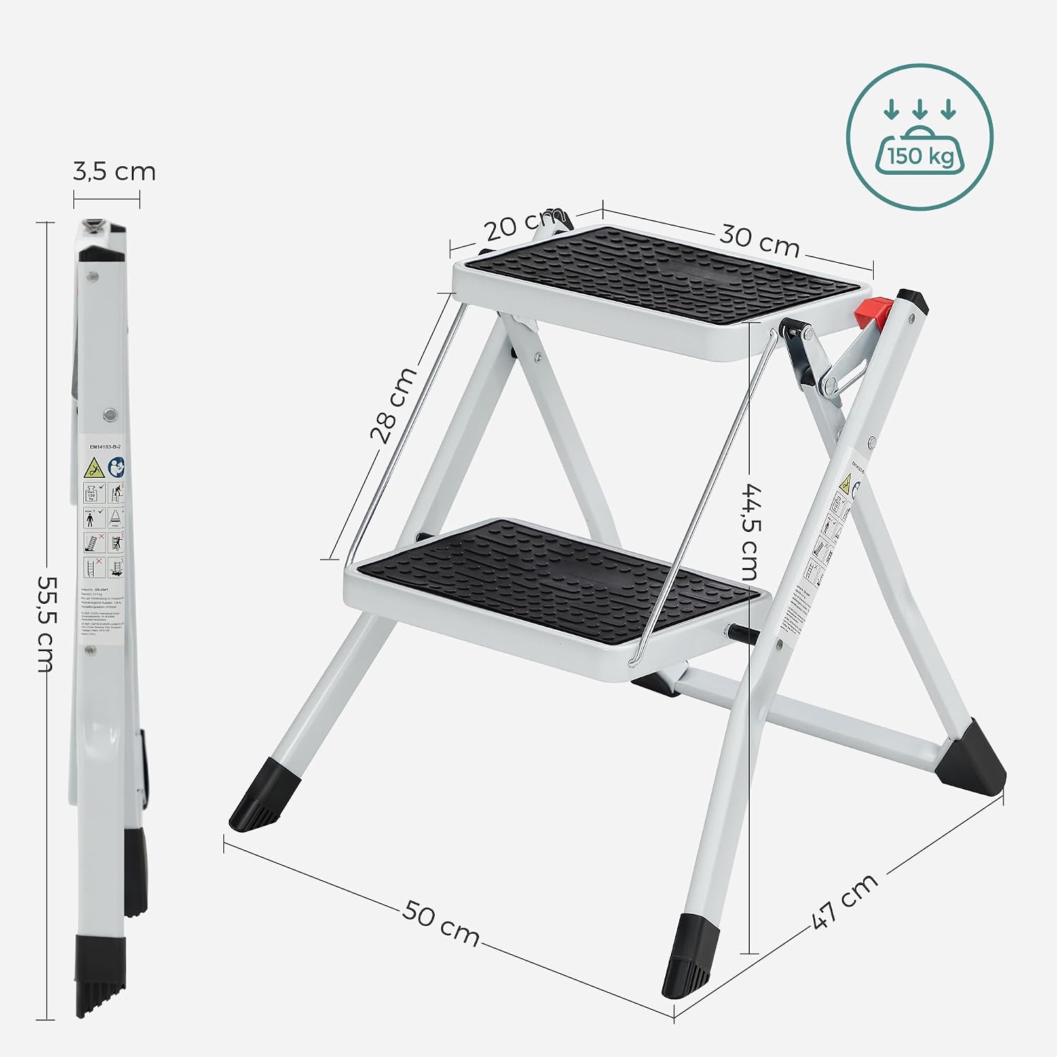 Detalle 1 de SONGMICS UGSL02WT 2-Step Folding Steel Ladder with Non-Slip Steps
