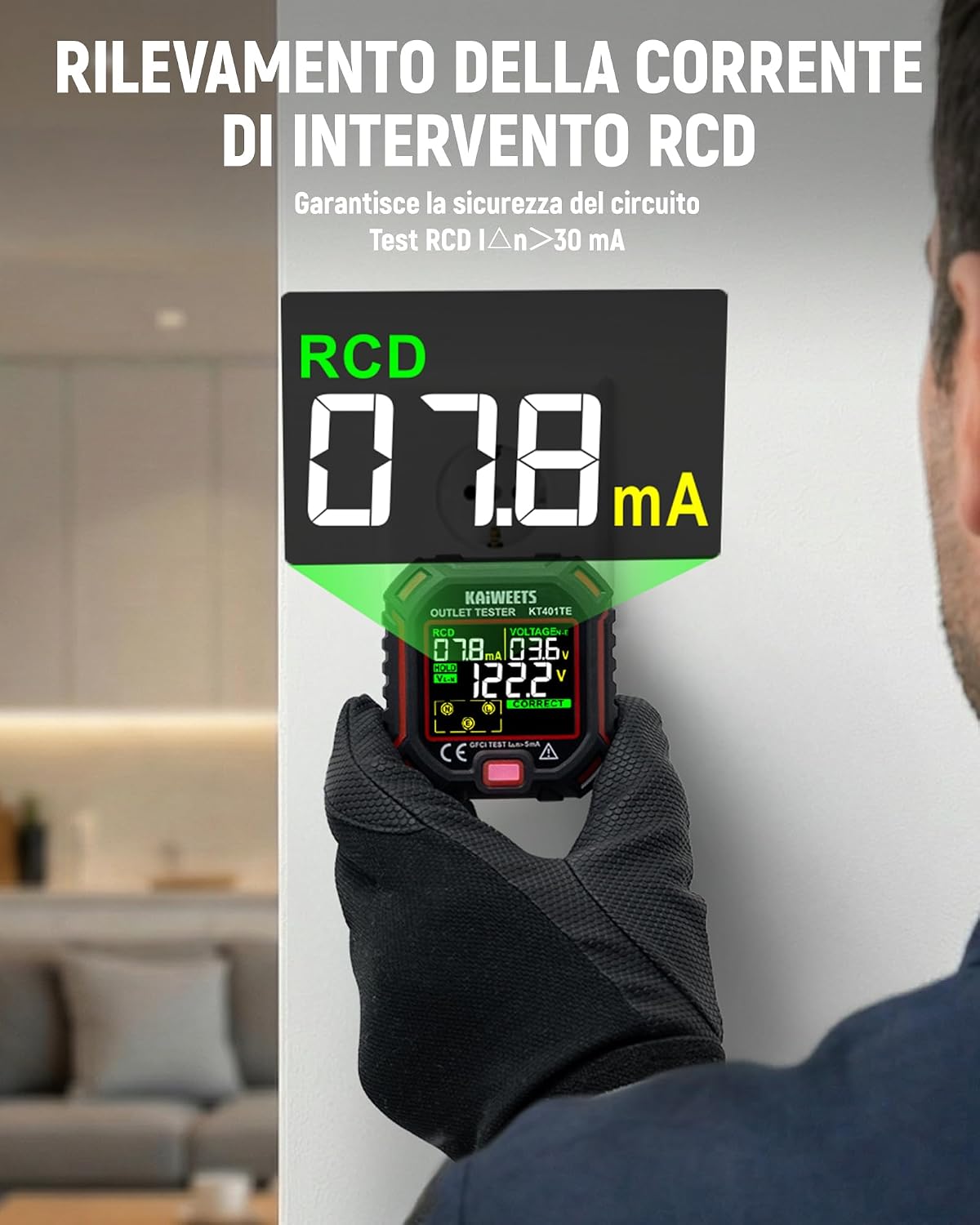 Detalle de KAIWEETS Tester per prese 7-in-1 con test RCD e display LCD a colori, misurazione tensione e dispersione, 200–250 V, CAT II 300 V