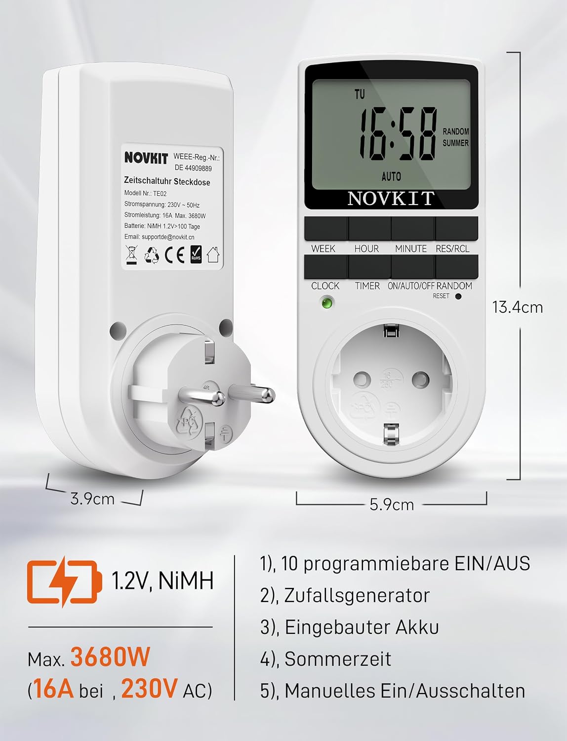 Thumbnail 6 de NOVKIT Digitale Zeitschaltuhr-Steckdose mit 10 wöchentlichen Programmen und Zufallsfunktion für Innen