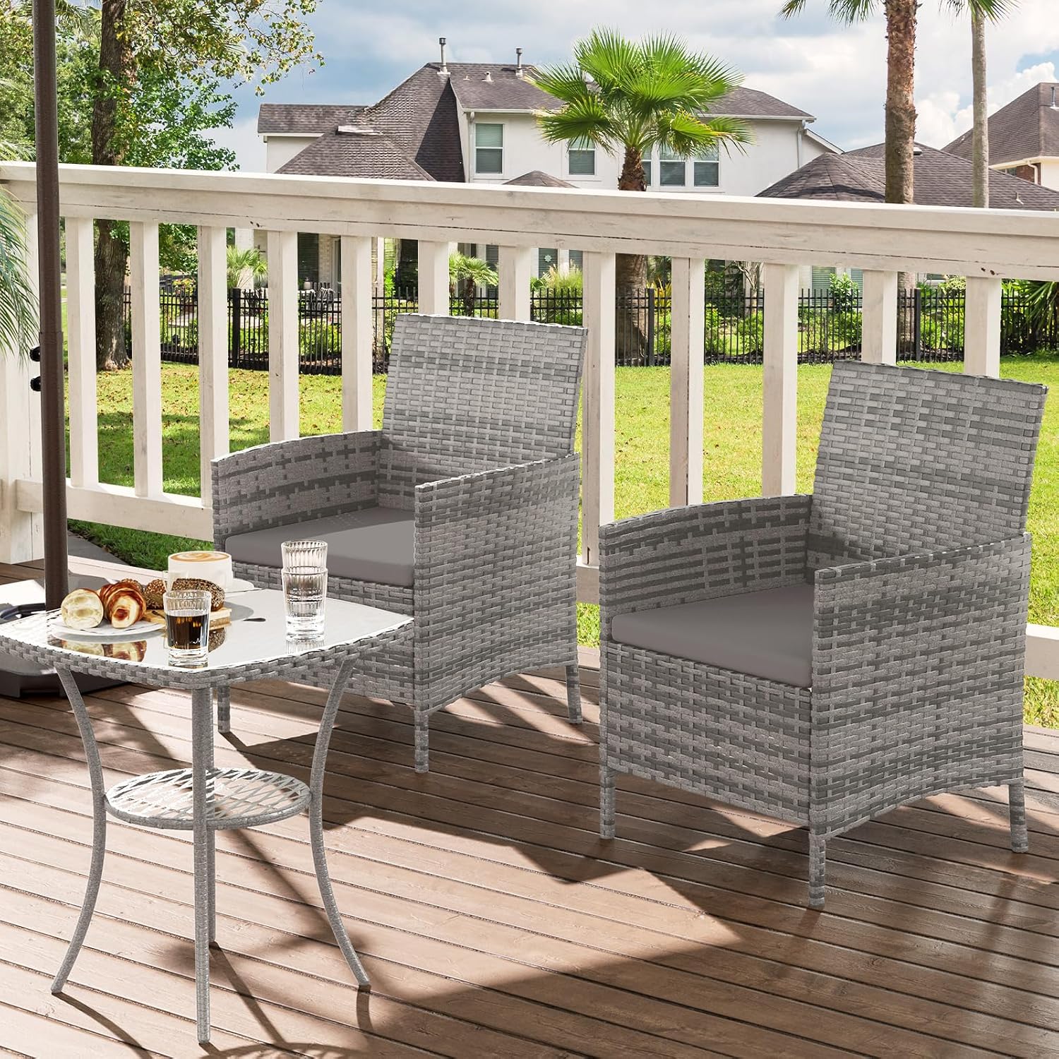 Thumbnail 1 de UDPATIO 3-teilige Gartenlounge Set für 2 Personen mit Glastisch und 2 Stühlen (Polyrattan), grau