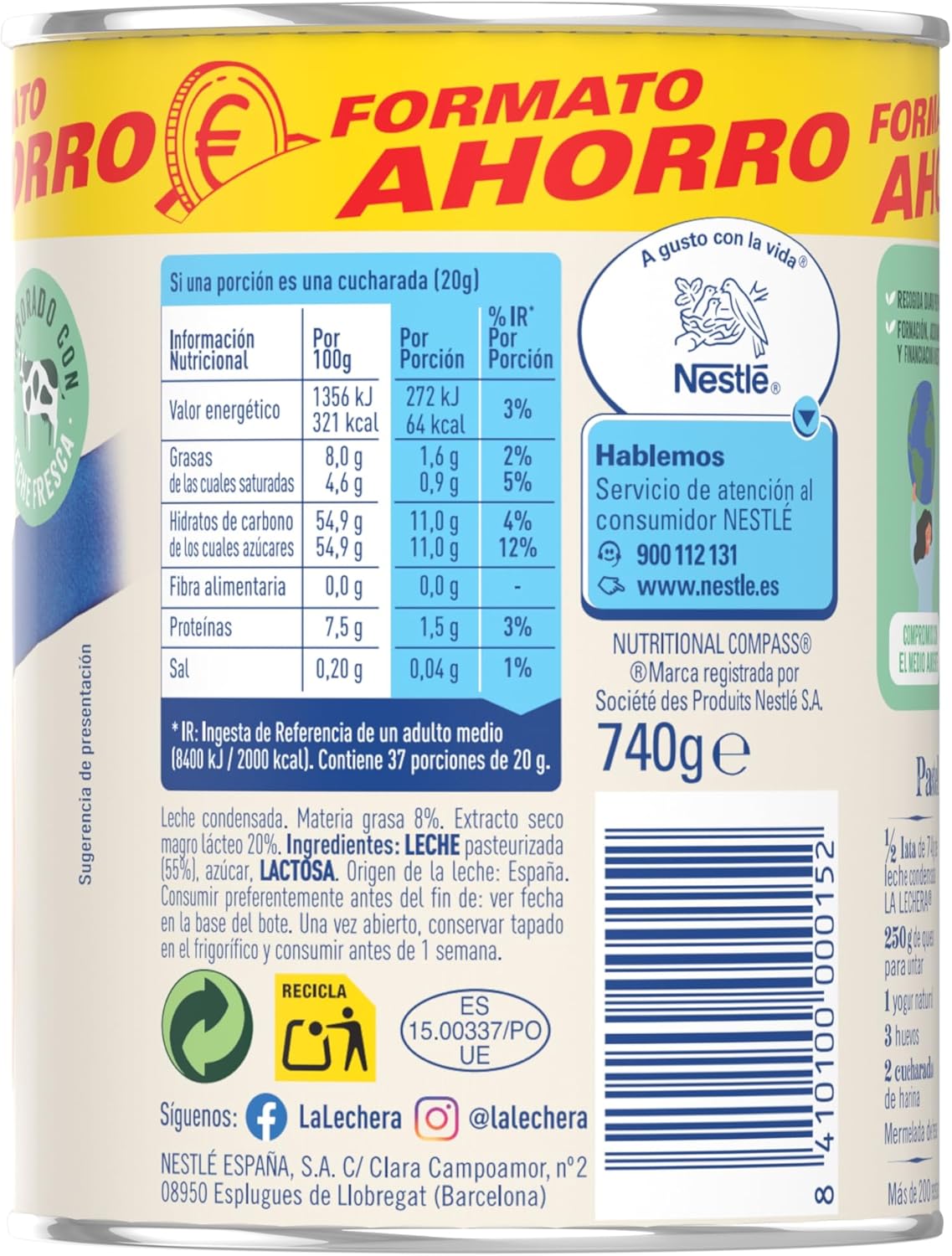 Detalle 2 de Nestlé La Lechera Leche Condensada Entera 740g x12🥛