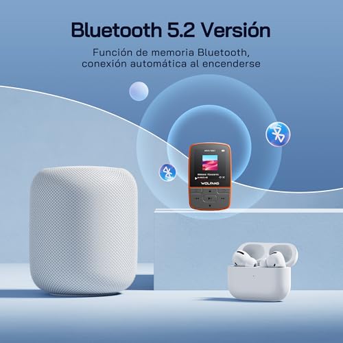 Detalle de WOLFANG Reproductor MP3 con Bluetooth 5.2, Clip Deportivo y Auriculares (Naranja)