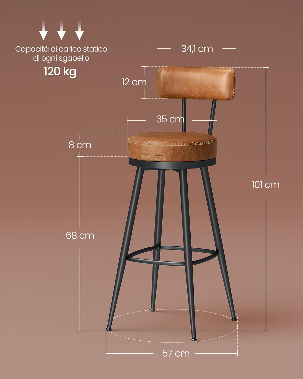 Thumbnail 2 de VASAGLE EKHO LBC889K01: set di 2 sgabelli da bar girevoli con schienale, altezza 76 cm