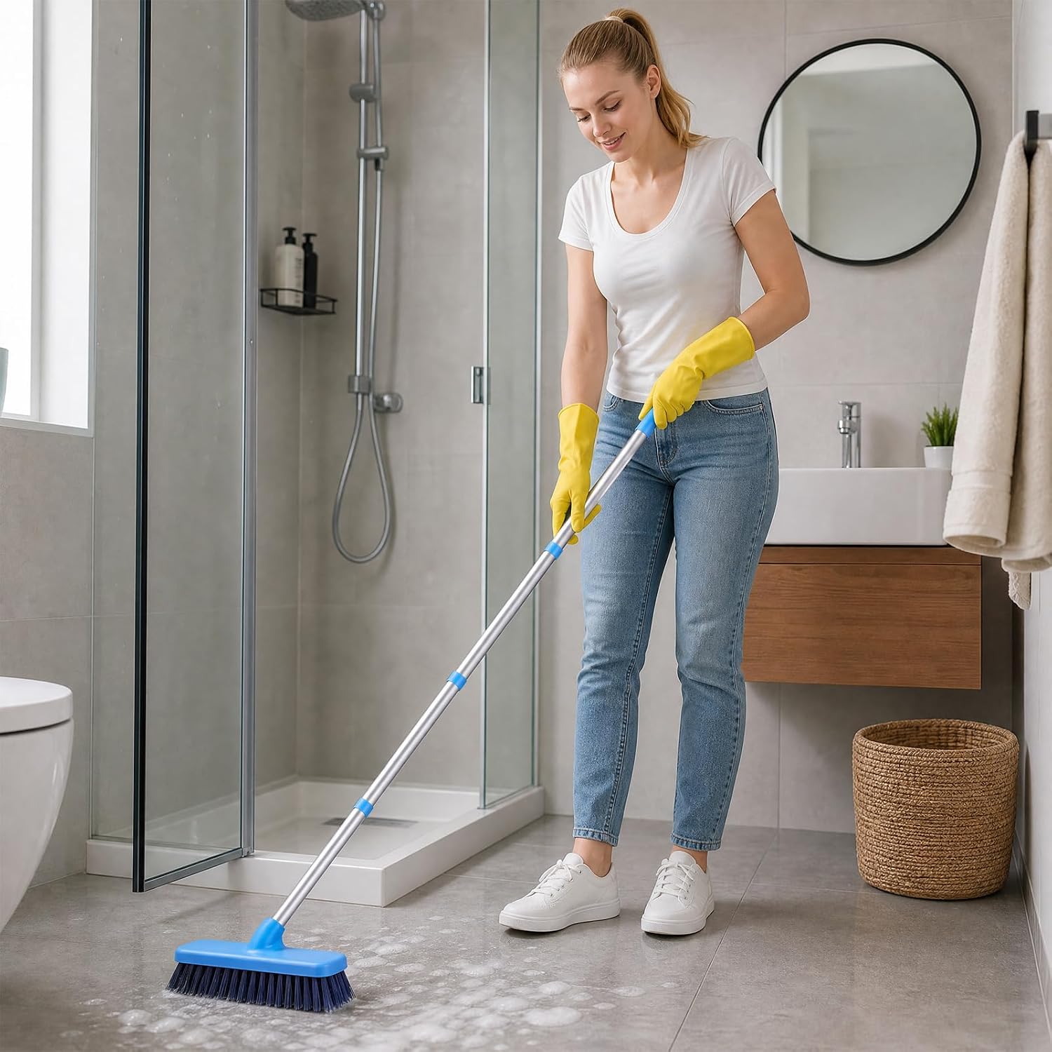 Detalle 2 de YONILL Deck Brush with Long Handle – 50" Adjustable Floor Scrub Brush for Shower, Tub, Tile & More