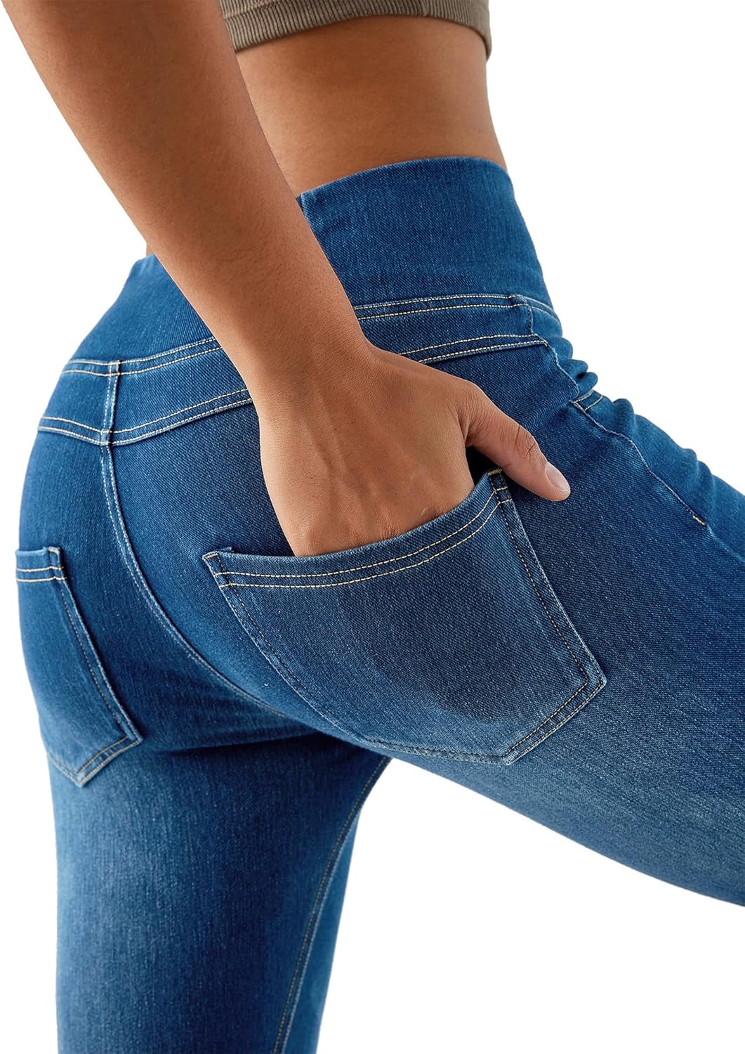 Thumbnail 3 de LaiEr Women V Crossover Skinny Jeans High Waist Tummy Control – Casual Faux Denim Print Leggings with Side Pockets