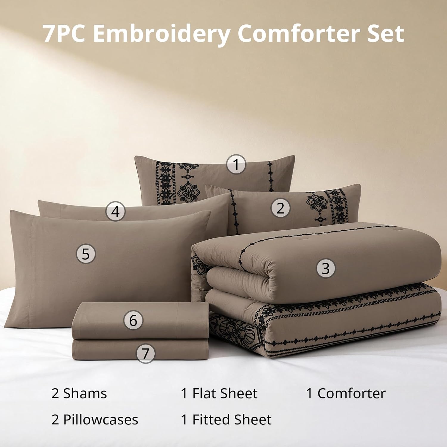 Thumbnail 6 de MaiRêve Queen Size Comforter Set Taupe Grey with Embroidered Boho Western Style