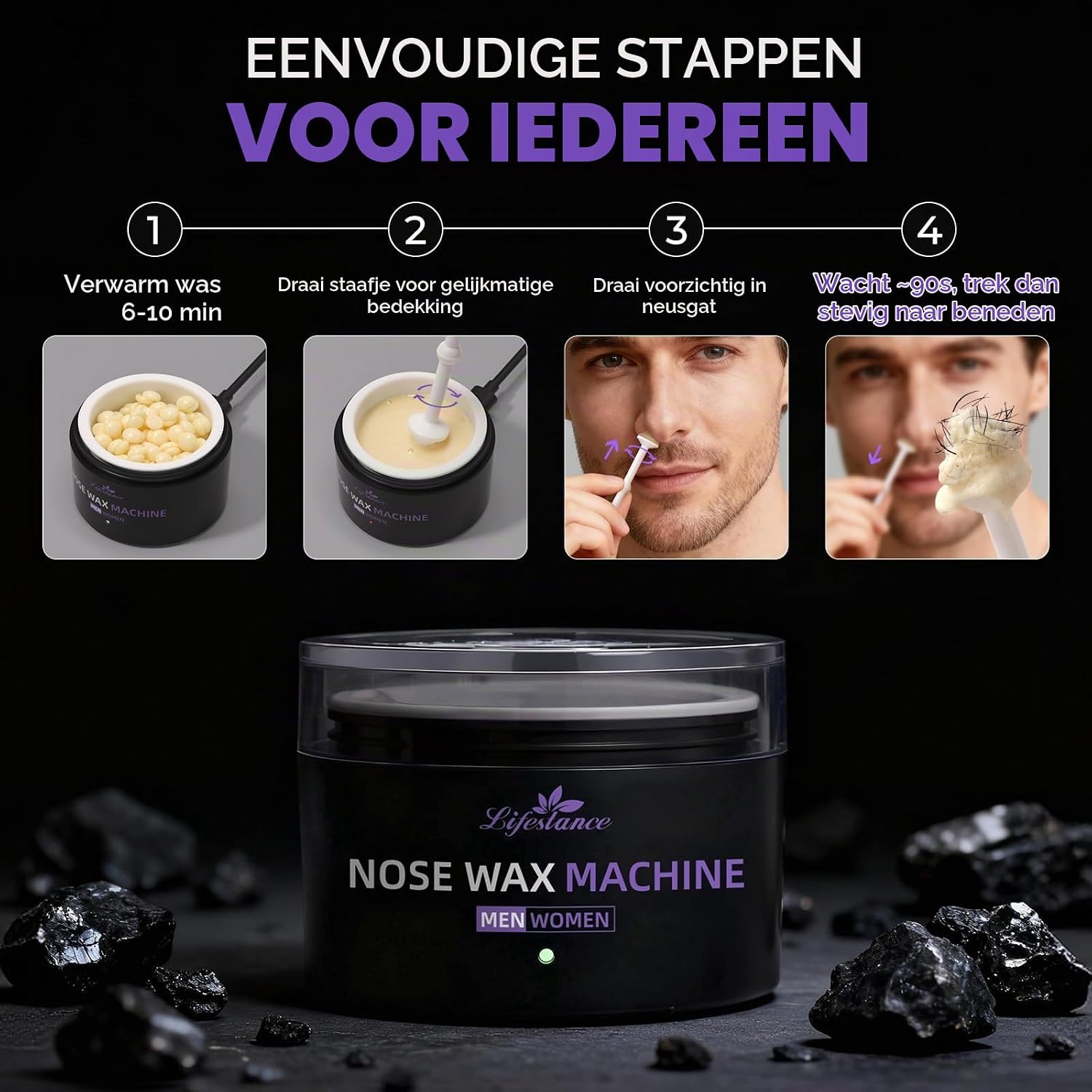 Detalle de Lifestance neuswaxset met USB-waxverwarmer, 120 g wax en 2-in-1-applicator