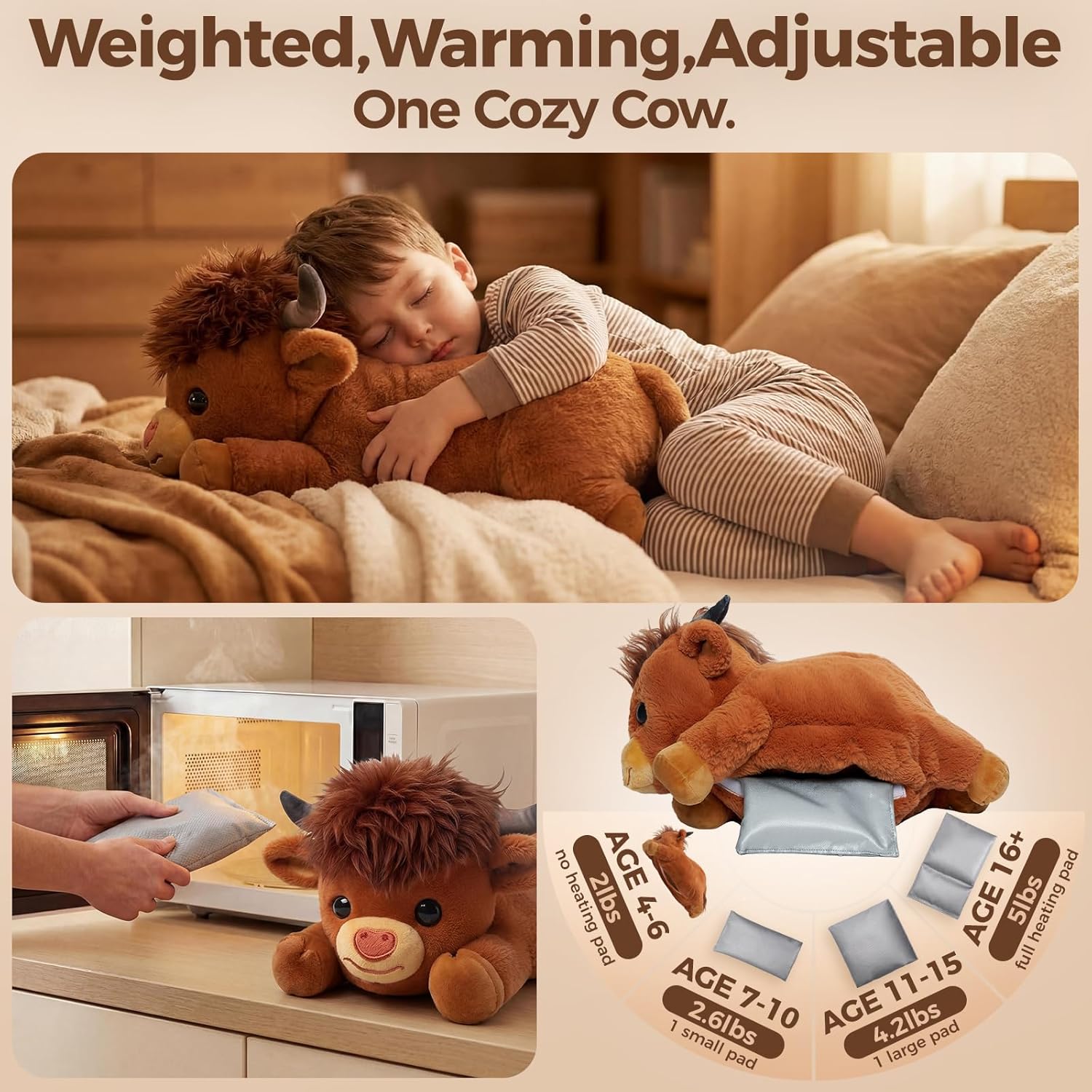 Detalle 2 de Mewaii Highland Cow Weighted Stuffed Animal with Microwavable Heating Pad (Amber Brown, 23 Inch)