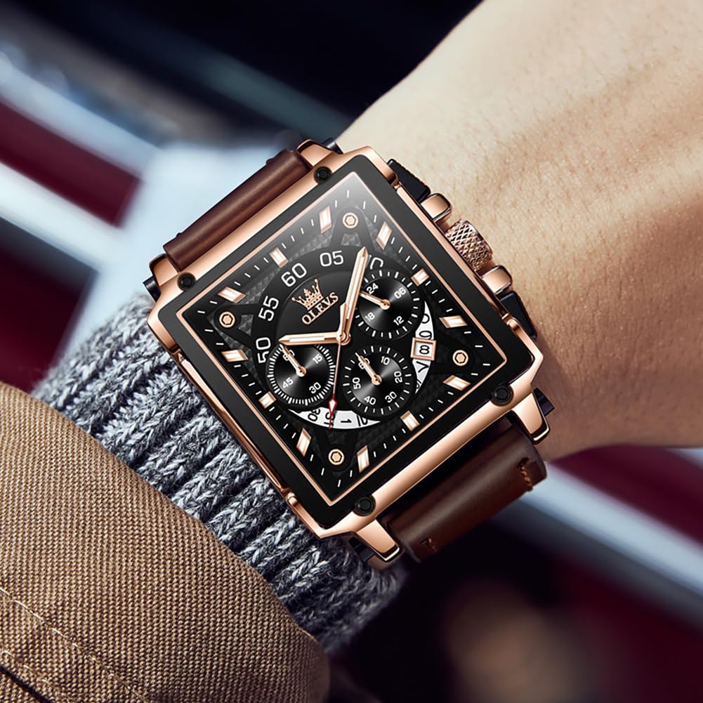 Detalle de OLEVS Herrenuhr mit Lederarmband und Chronograph – japanisches Quarzwerk, Datum, 42×45 mm