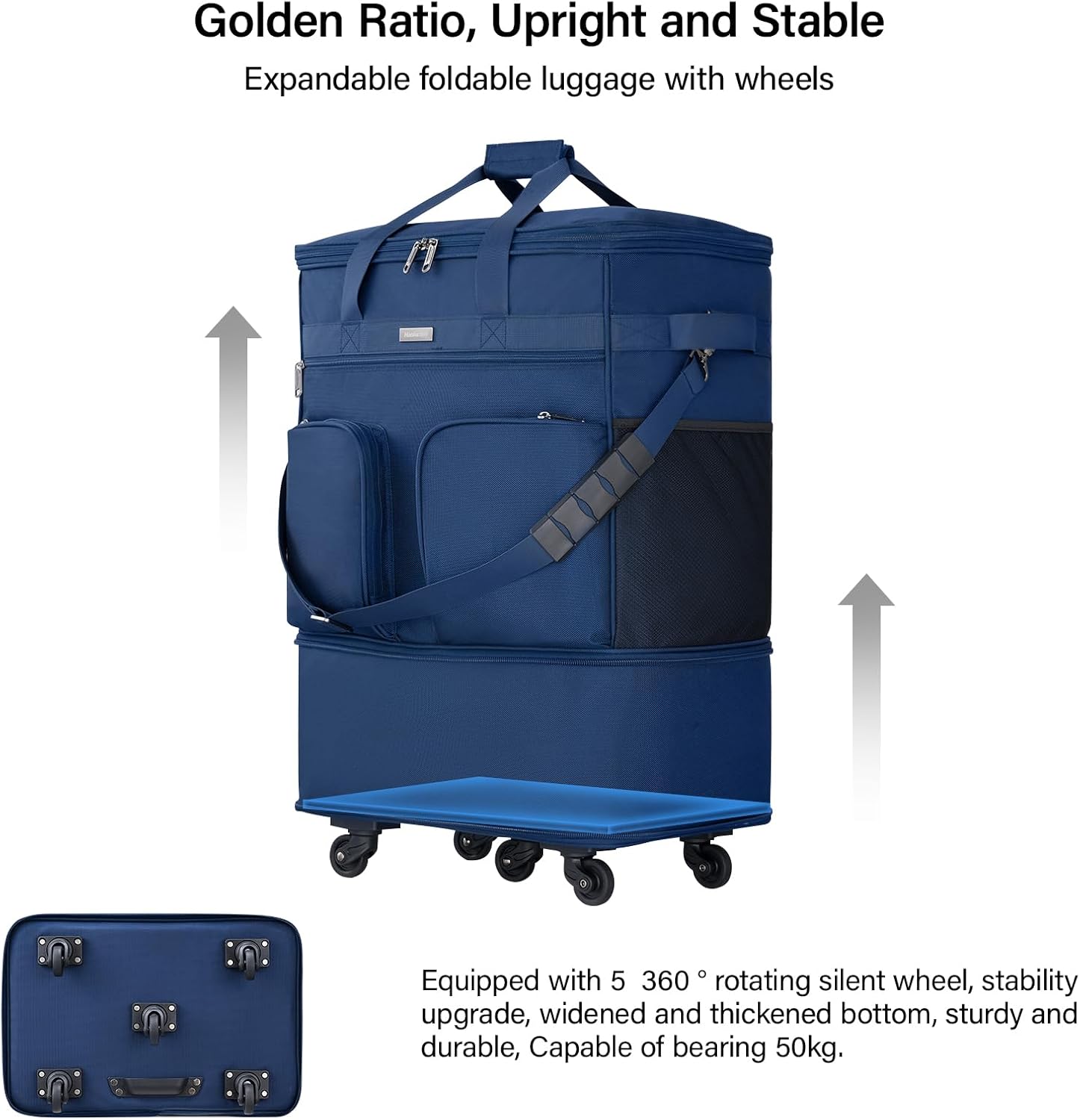 Detalle de Hanke Expandable Large Suitcase 4 Wheels – Lightweight, Foldable 68L–98L (20/24/28 inch) with No Telescopic Handle, Blue