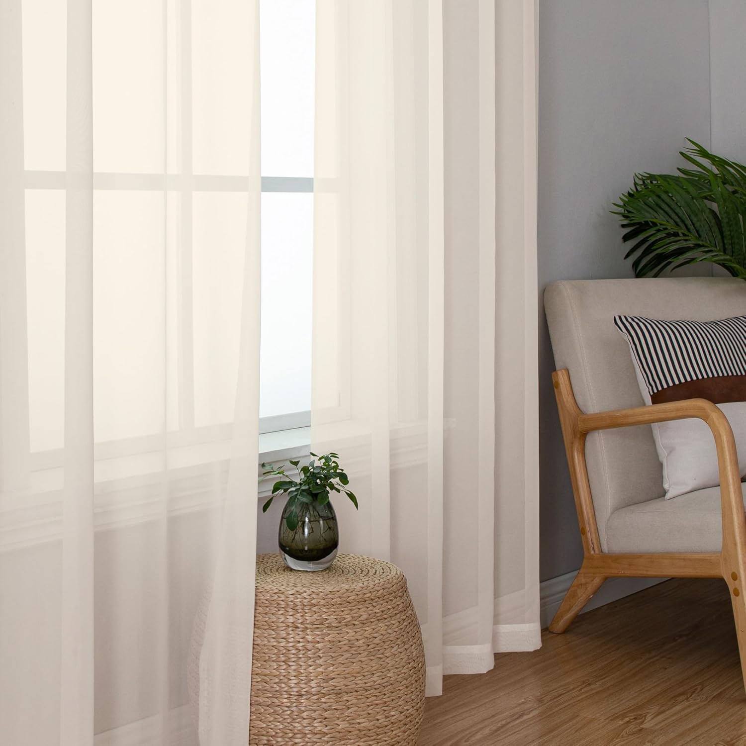Detalle 2 de Chyhomenyc Cream Sheer Curtains (84 Inches Long), 2 Panels Set—Light Filtering Voile Rod Pocket Drapes