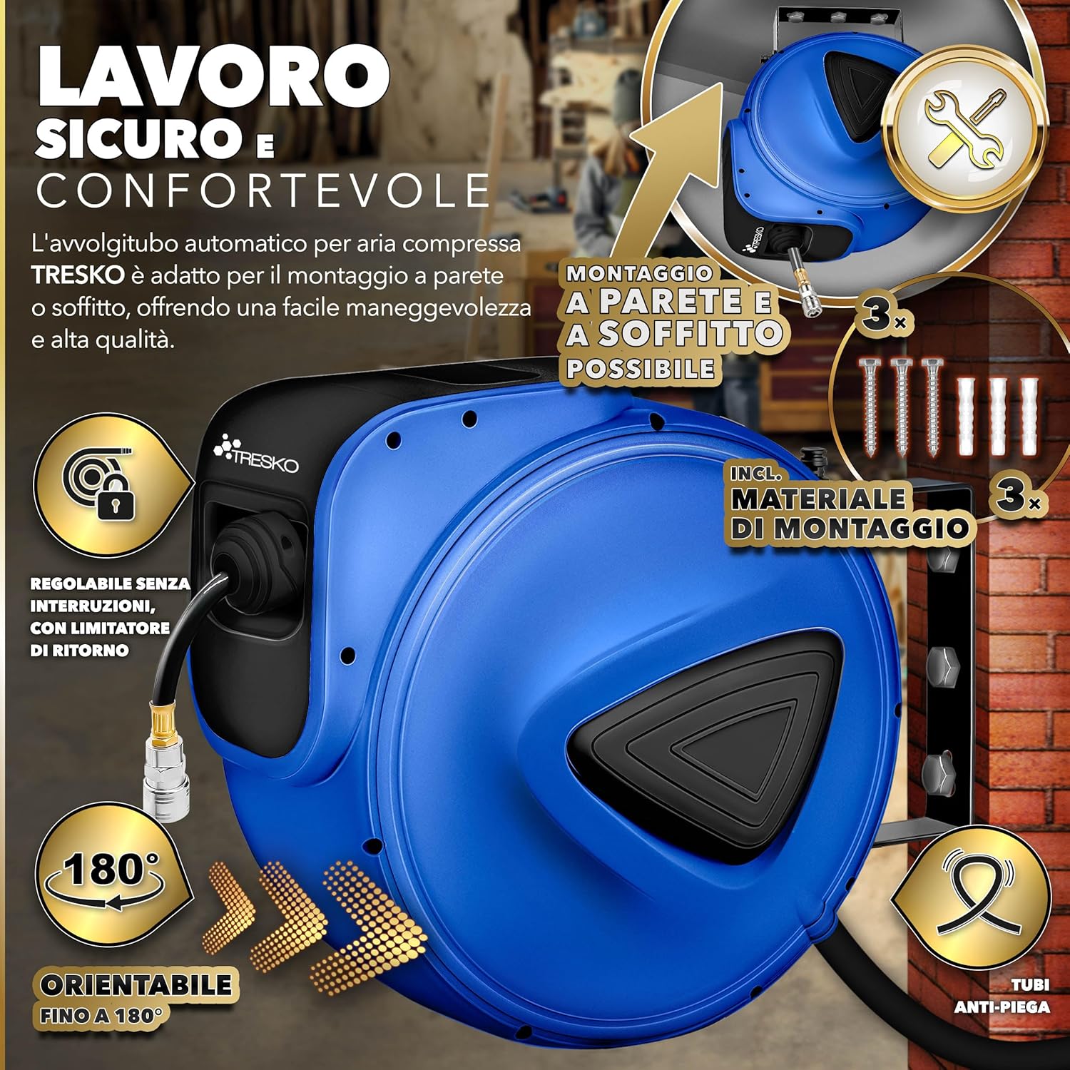 Thumbnail 4 de TRESKO Avvolgitubo Aria Compressa 30 m con Tubo – Avvolgitubo Pneumatico 1/4", Riavvolgitore Automatico, Blu