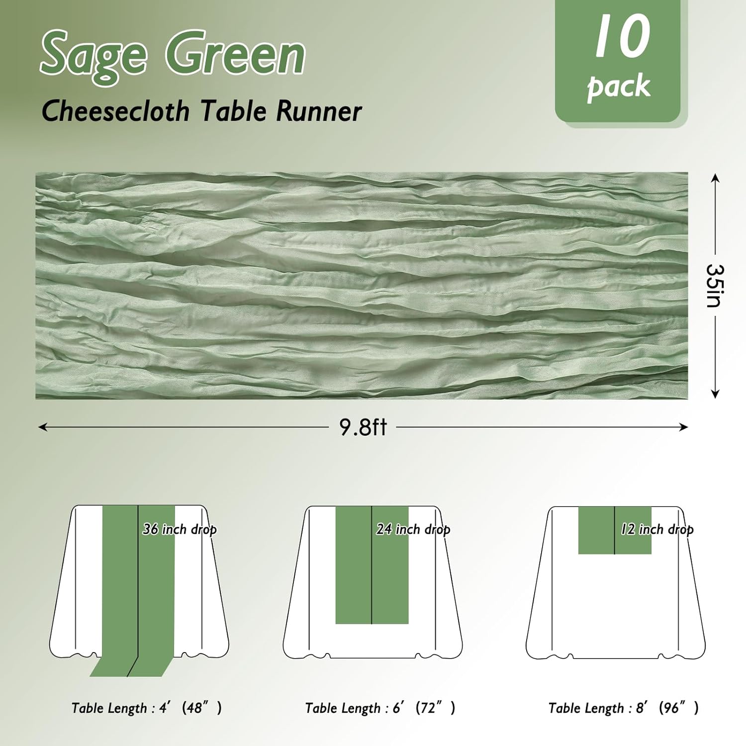 Detalle de 20 Pack Sage Green Cheesecloth Table Runner — 120 Inch Gauze Drapes for Boho Weddings and Events