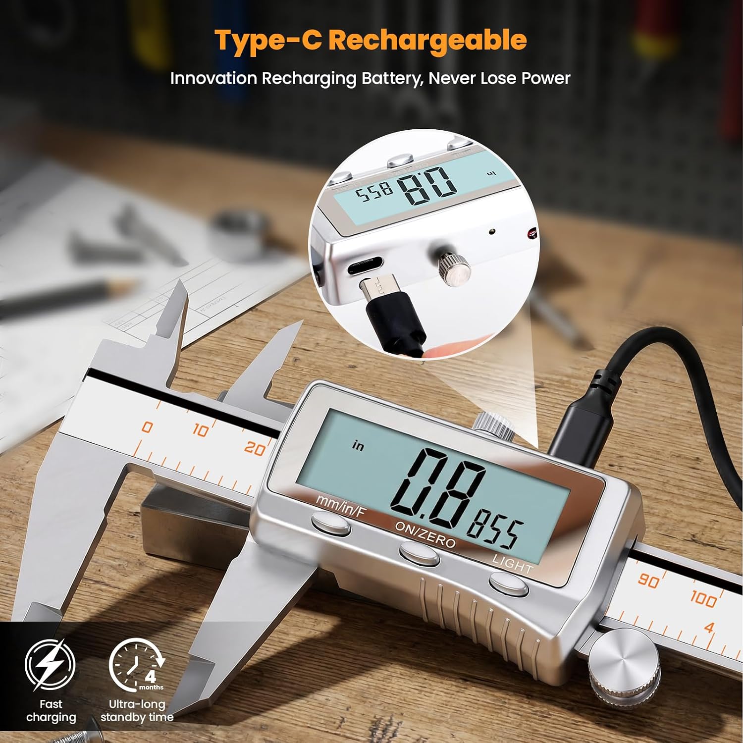 Detalle de HARDELL 12 Inch Digital Caliper, Rechargeable Metal, Backlit LCD, 4 Modes