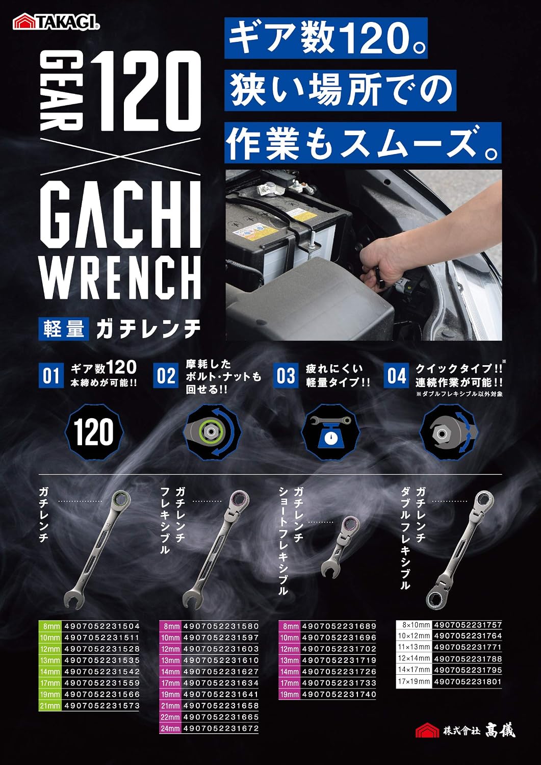 Detalle de 高儀 TAKAGI ガチレンチショートフレキシブル 13mm ラチェットレンチ 120ギア・摩耗したボルトにも対応