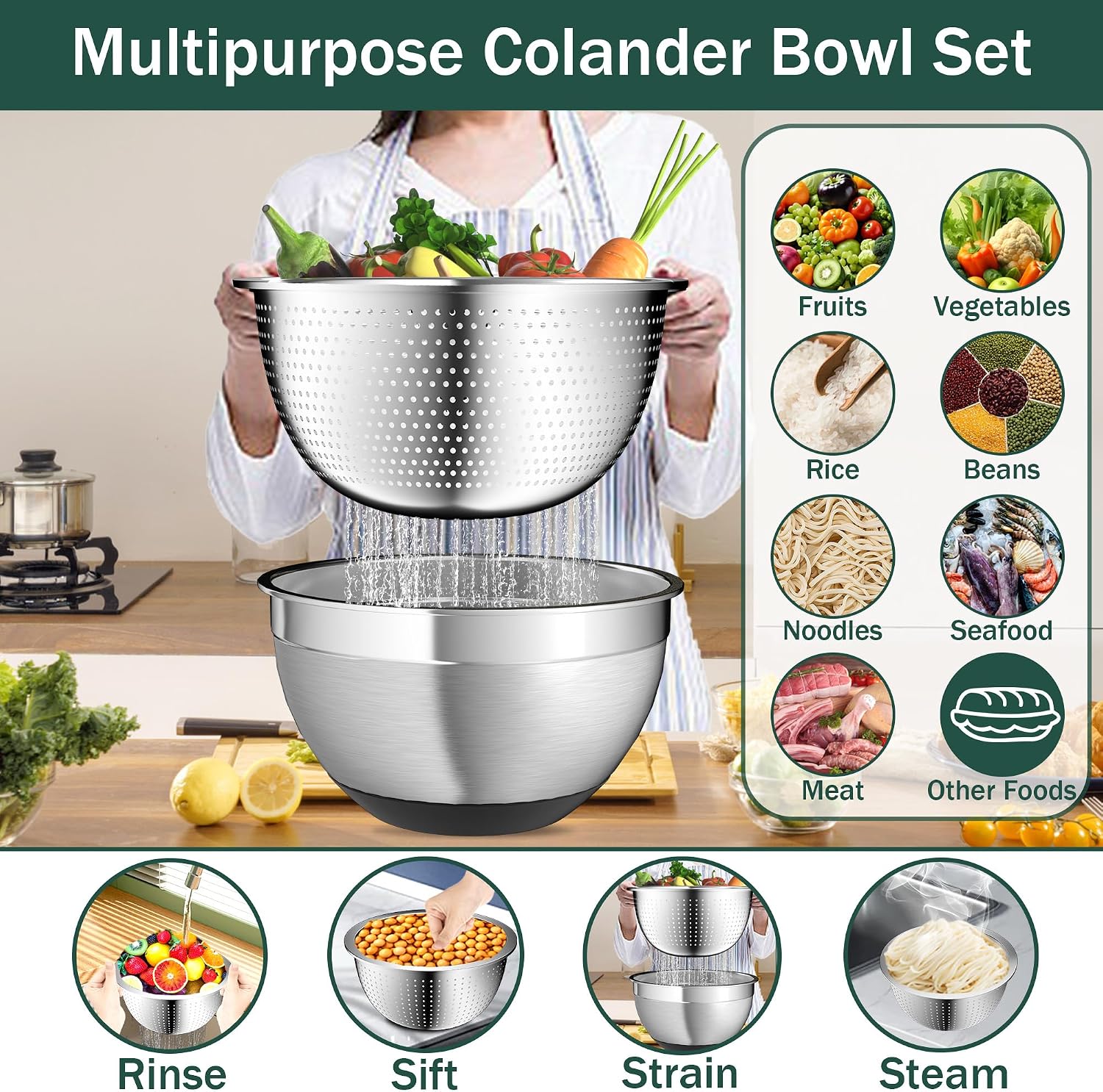 Detalle 2 de Nicdiet Mixing Bowls 1.5 2.5 5 QT Stainless Set