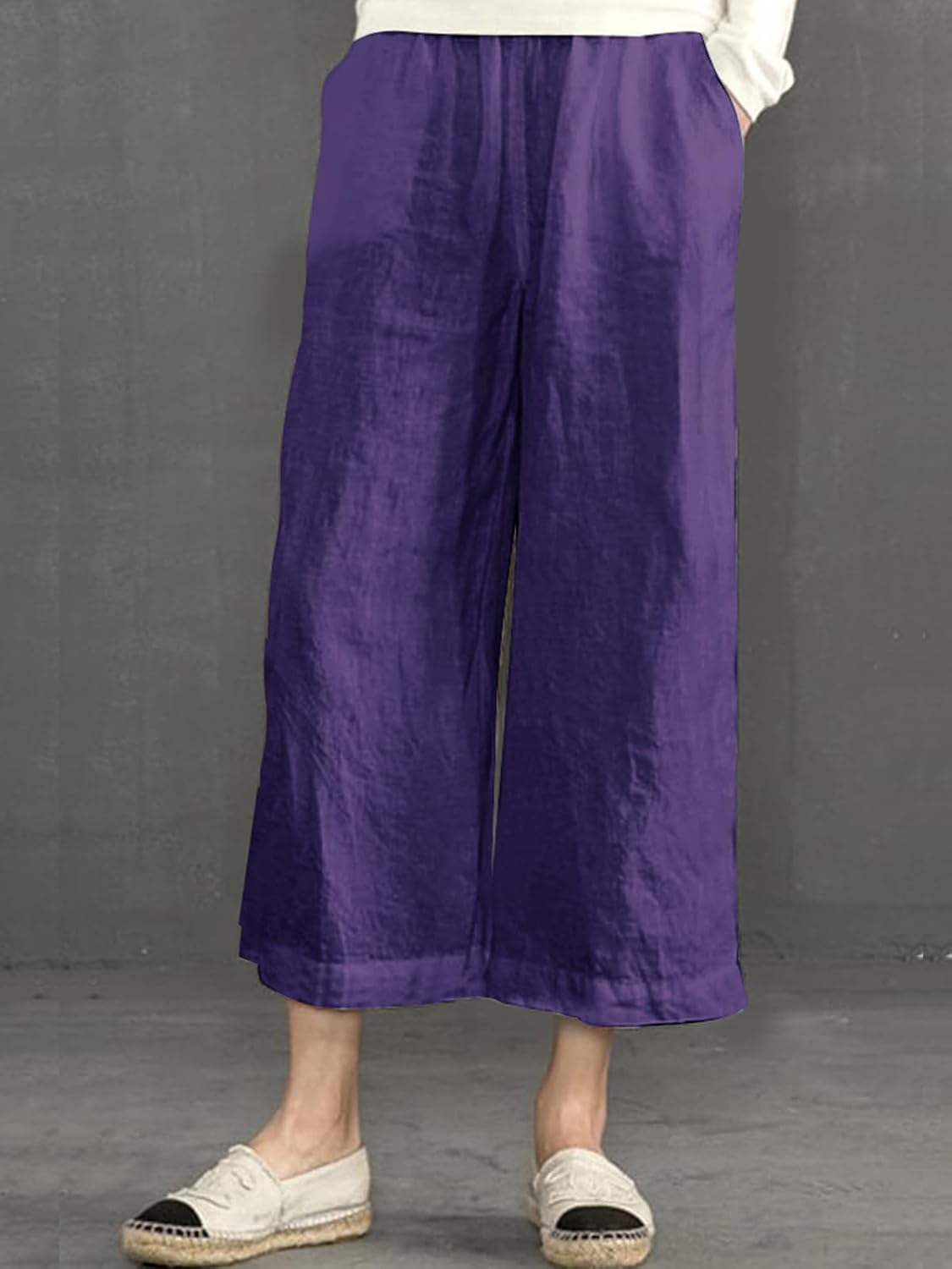 Thumbnail 3 de Womens Cotton Cropped Pants: Loose Fit, Wide Leg Capri with Elastic Waist (Plus Size)
