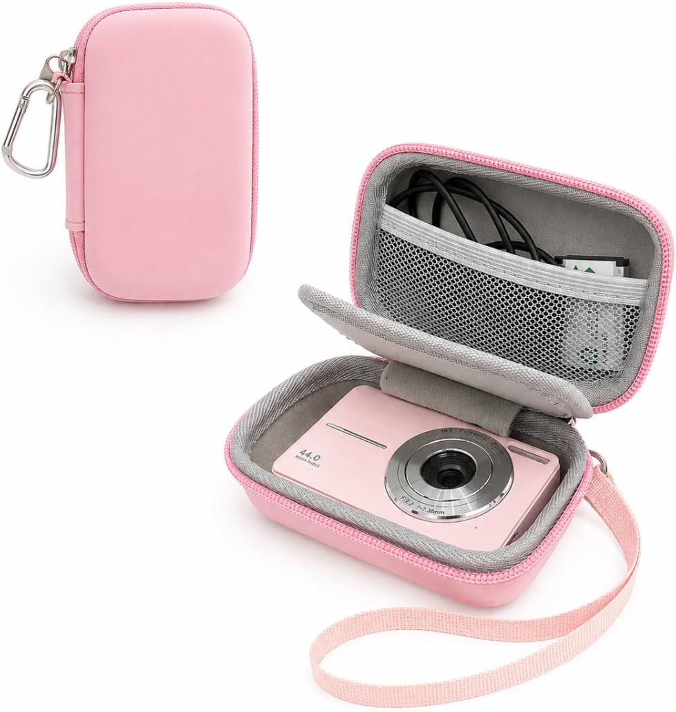 Detalle de Rieibi Pink Hard-Shell Camera Case for Camkory, Kodak PIXPRO FZ55/FZ45 and Canon IXUS 285 HS – Small EVA Pouch with Wrist Strap