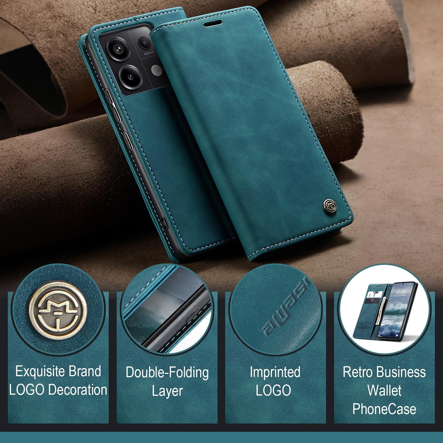 Thumbnail 5 de Handyhülle im Flip-Case-Stil für Xiaomi Redmi Note 13 Pro 5G & Poco X6 5G (PU Leder/TPU) – Kartenfach, Standfunktion, Blaugrün