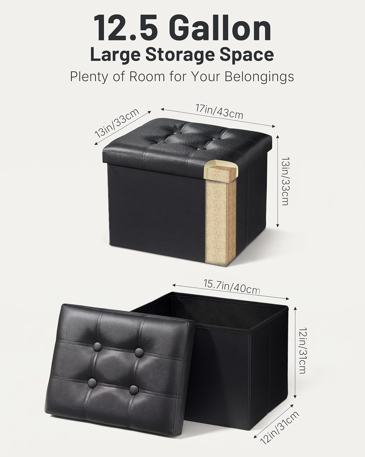 Detalle de Bsketa Storage Ottoman 17x13x13in leather storage bench