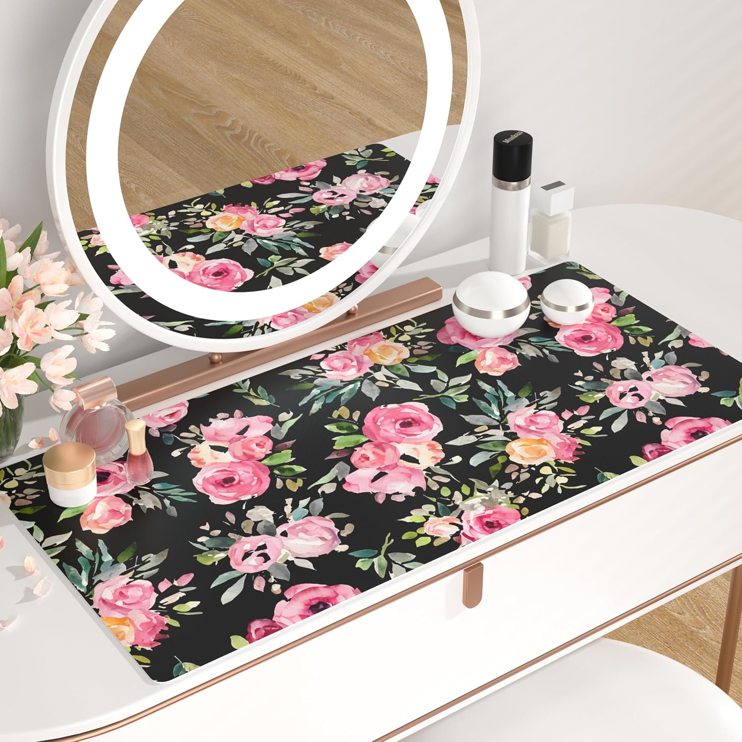 Detalle de QiyI DP-6141-PDP Large PU Leather Mouse Pad, Pink Roses, 31.5" x 15.7