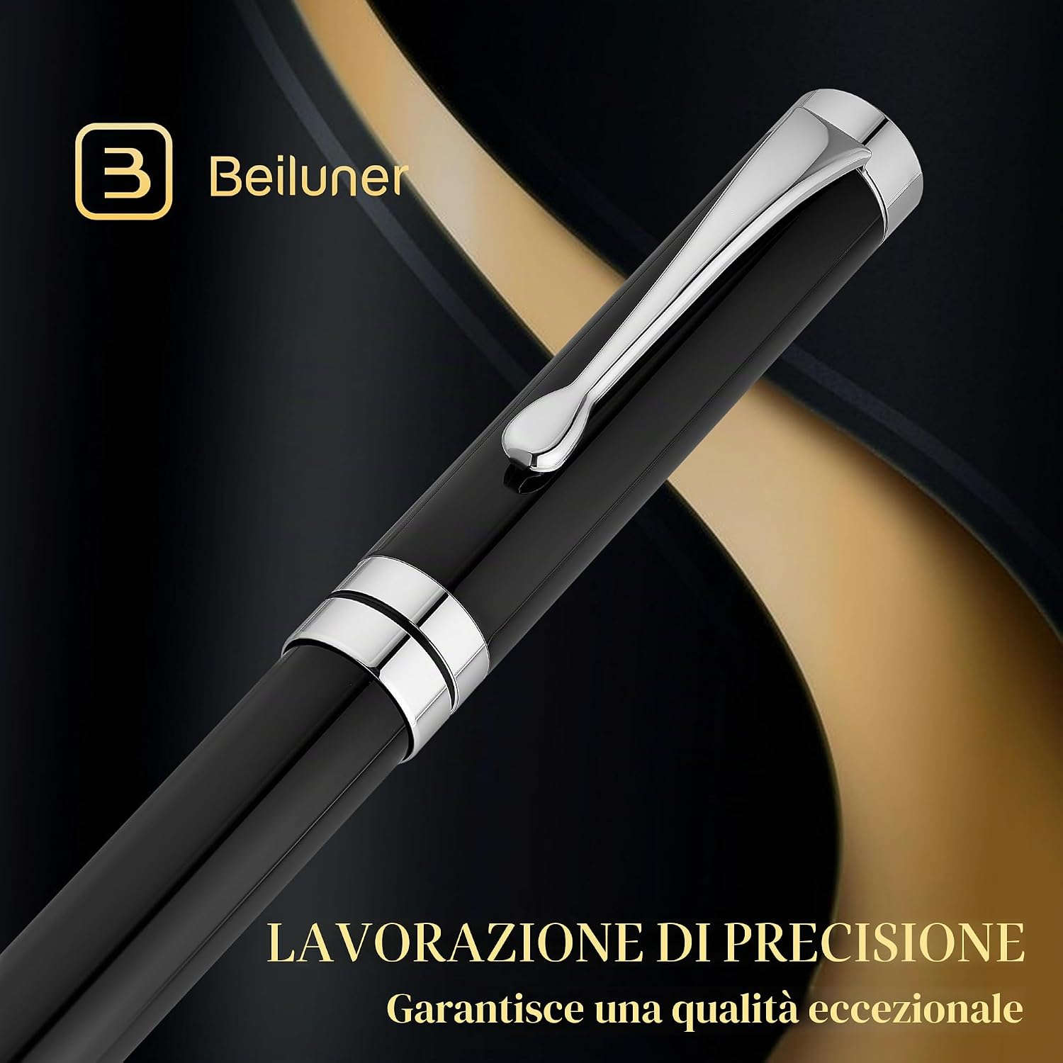 Detalle 2 de BEILUNER Penna a Sfera Nero Cromato con Finitura Argentata – Set regalo con ricambio extra 0.5 mm