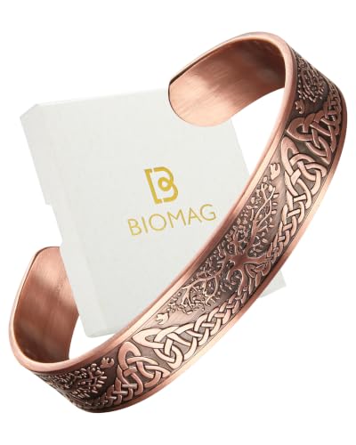 Detalle de BioMag Pure Copper Bracelet for Men and Women – 100% Solid, Uncoated Vintage Tree of Life Cuff