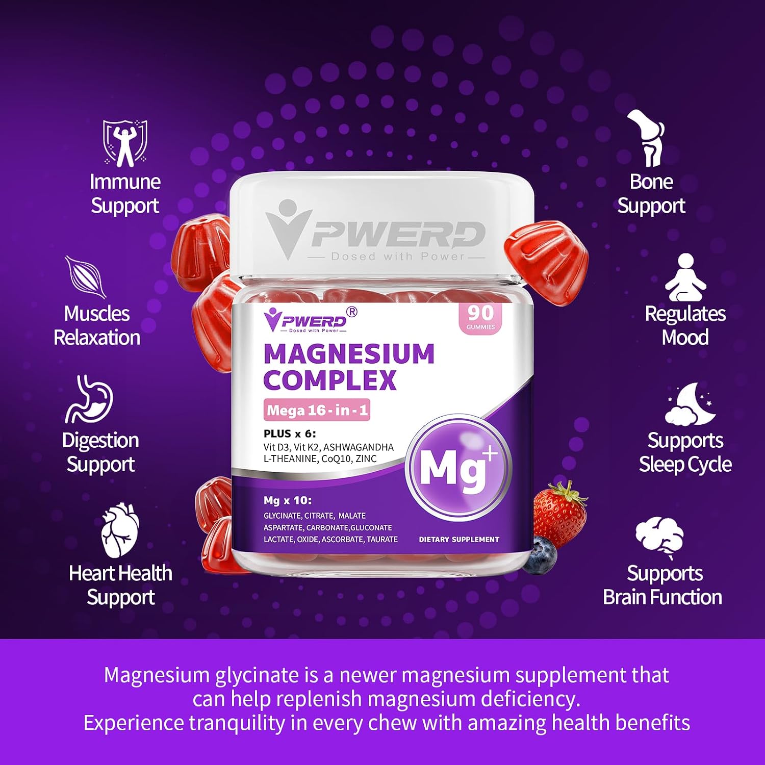 Detalle 1 de PWERD 16-in-1 Magnesium Gummies for Adults, Sugar-Free Vegan, 180 Count