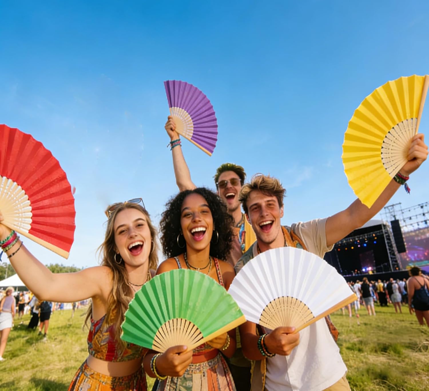 Detalle de iZoeL 24 Pack Folding Hand Fans: Paper & Bamboo, 12 Colours – Ideal for Weddings, Parties and DIY