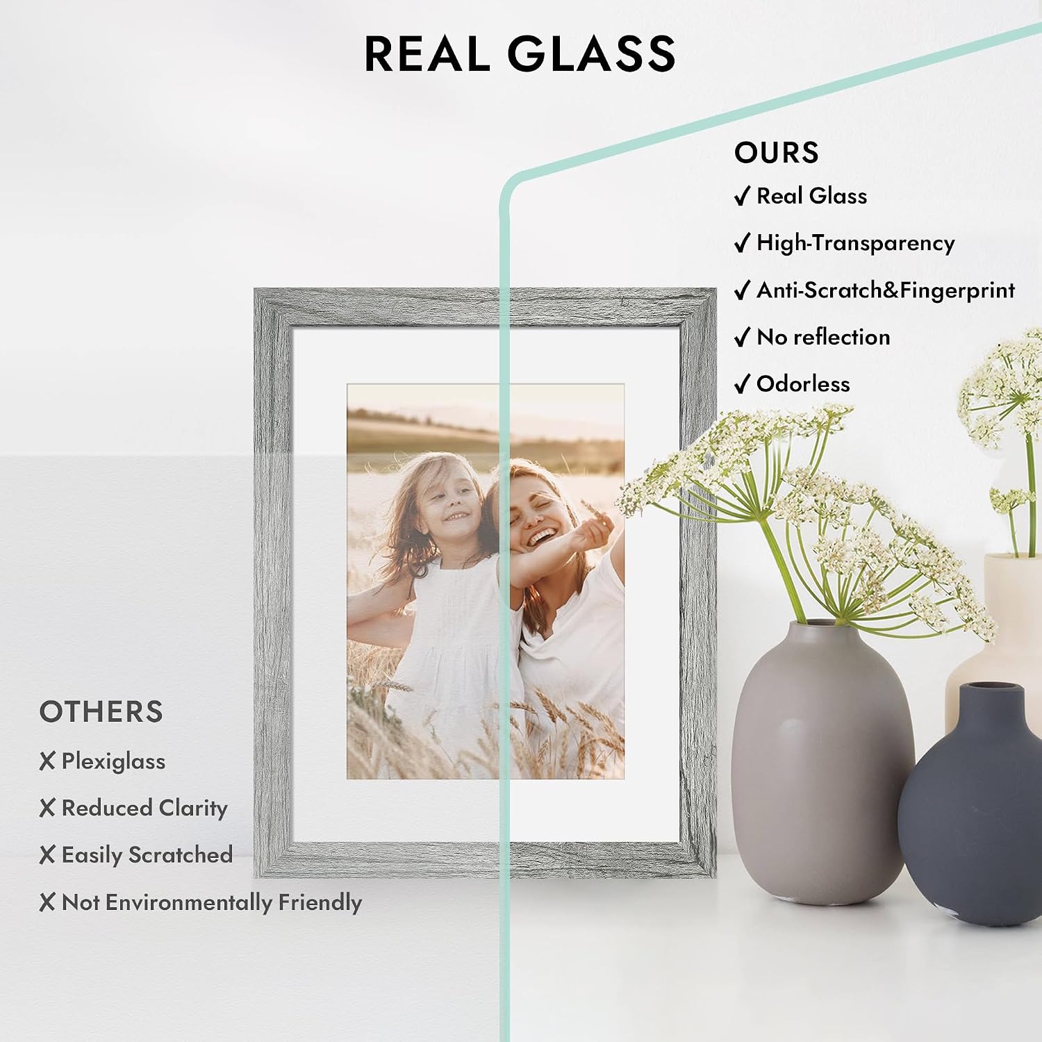 Detalle de Hongkee 11x14 Picture Frame with Real Glass – 8x10 Wood Frame with Mat (Grey, 1 Pack)