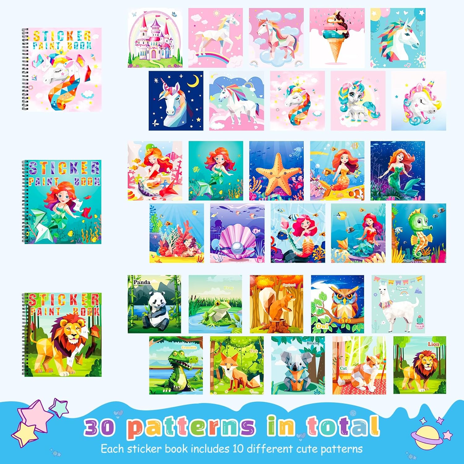 Thumbnail 1 de Homicozy 3-Pack Sticker Paint Books for Kids (Ages 4-8): Unicorn, Mermaid & Animal Designs