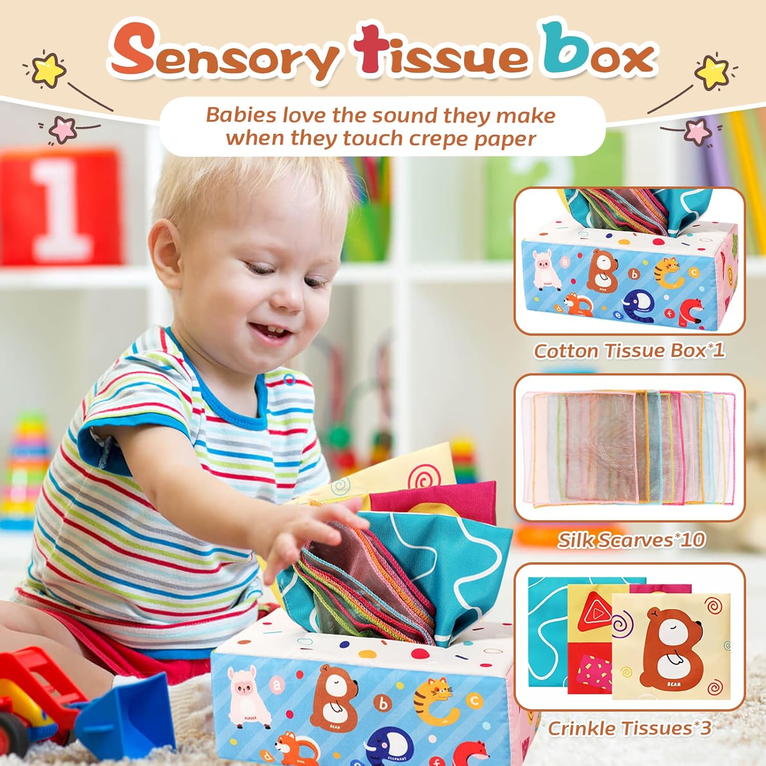 Thumbnail 3 de Almaxi Babyspielzeug 6–12 Monate bis 3 Jahre, 4-in-1 Montessori-Spielset mit Stapel-/Steckspiel, Tücherbox & Beißspielzeug