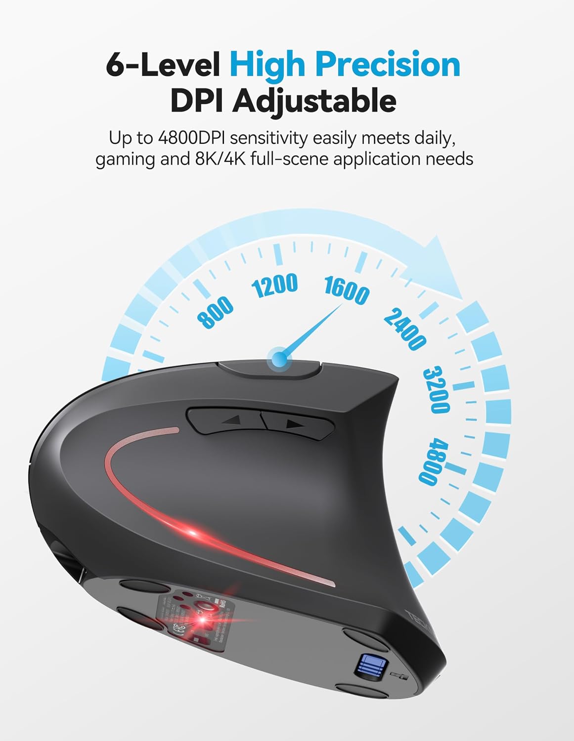 Detalle de TECKNET Ergonomic Mouse: Wireless Right-Handed Vertical Mouse with BT/USB-A, 6-Button, 4800 DPI, Quiet Clicks